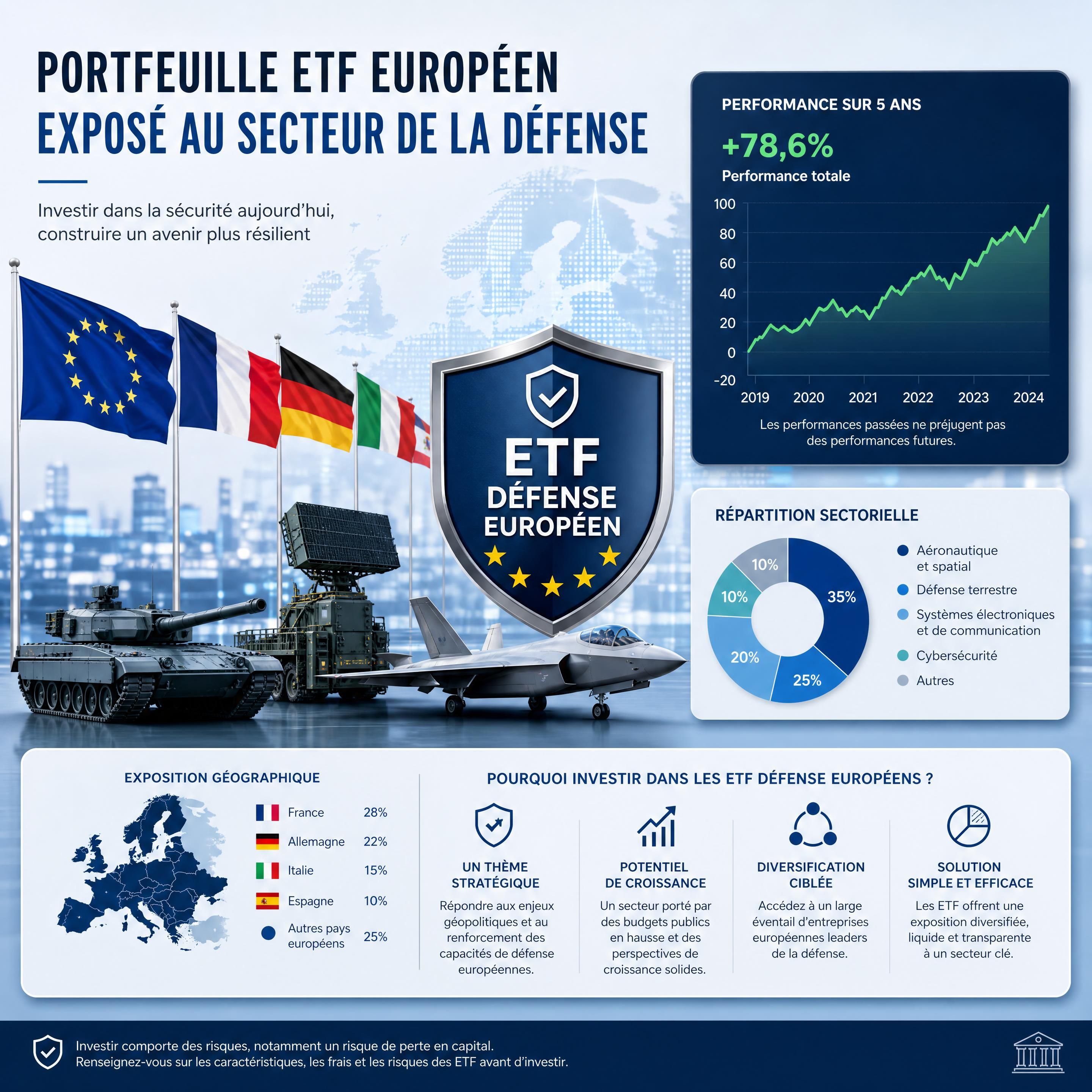 Illustration d’un portefeuille ETF européen exposé au secteur de la défense, avec graphiques de marché et drapeaux européens