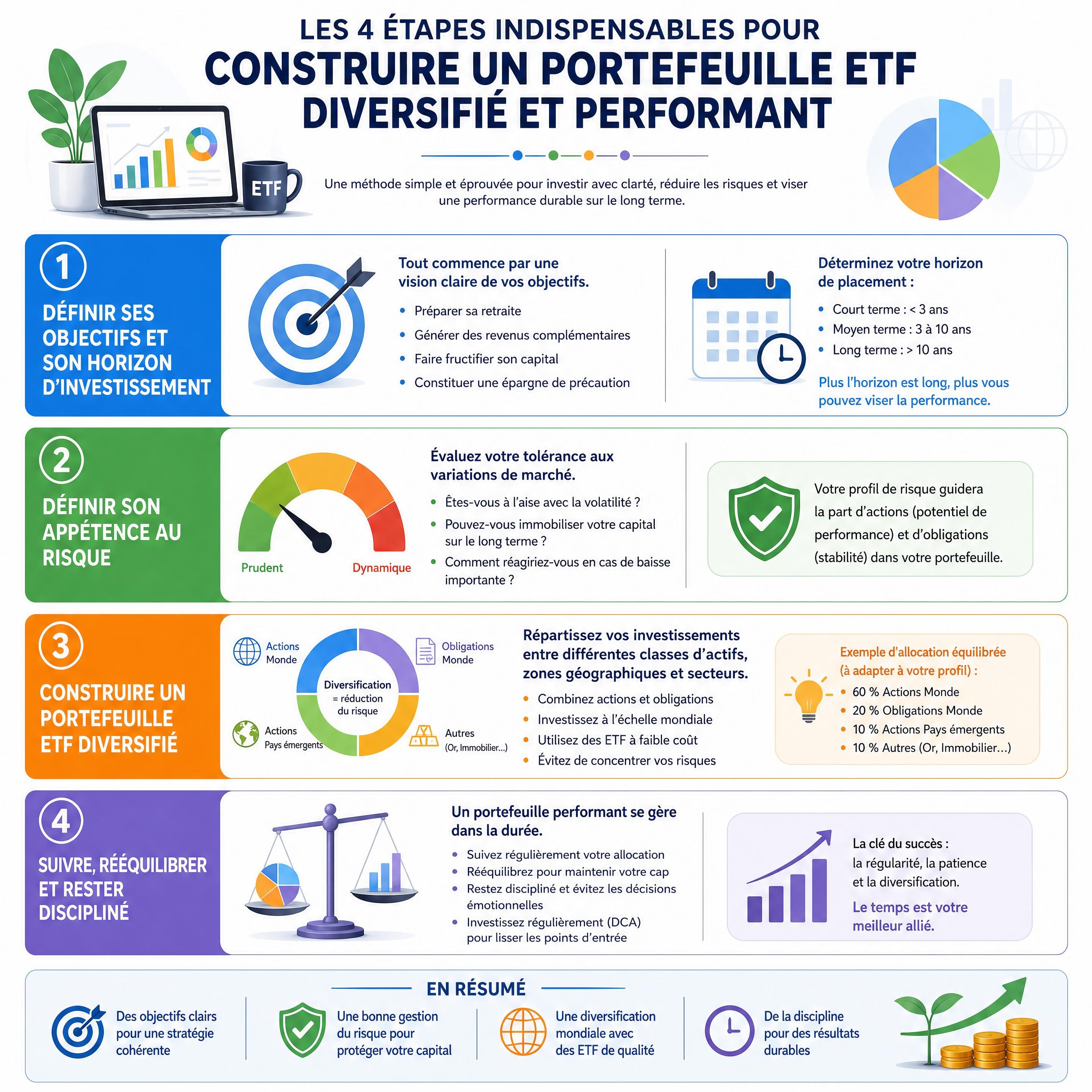 Infographie pédagogique détaillant les 4 étapes indispensables pour construire un portefeuille ETF diversifié et performant