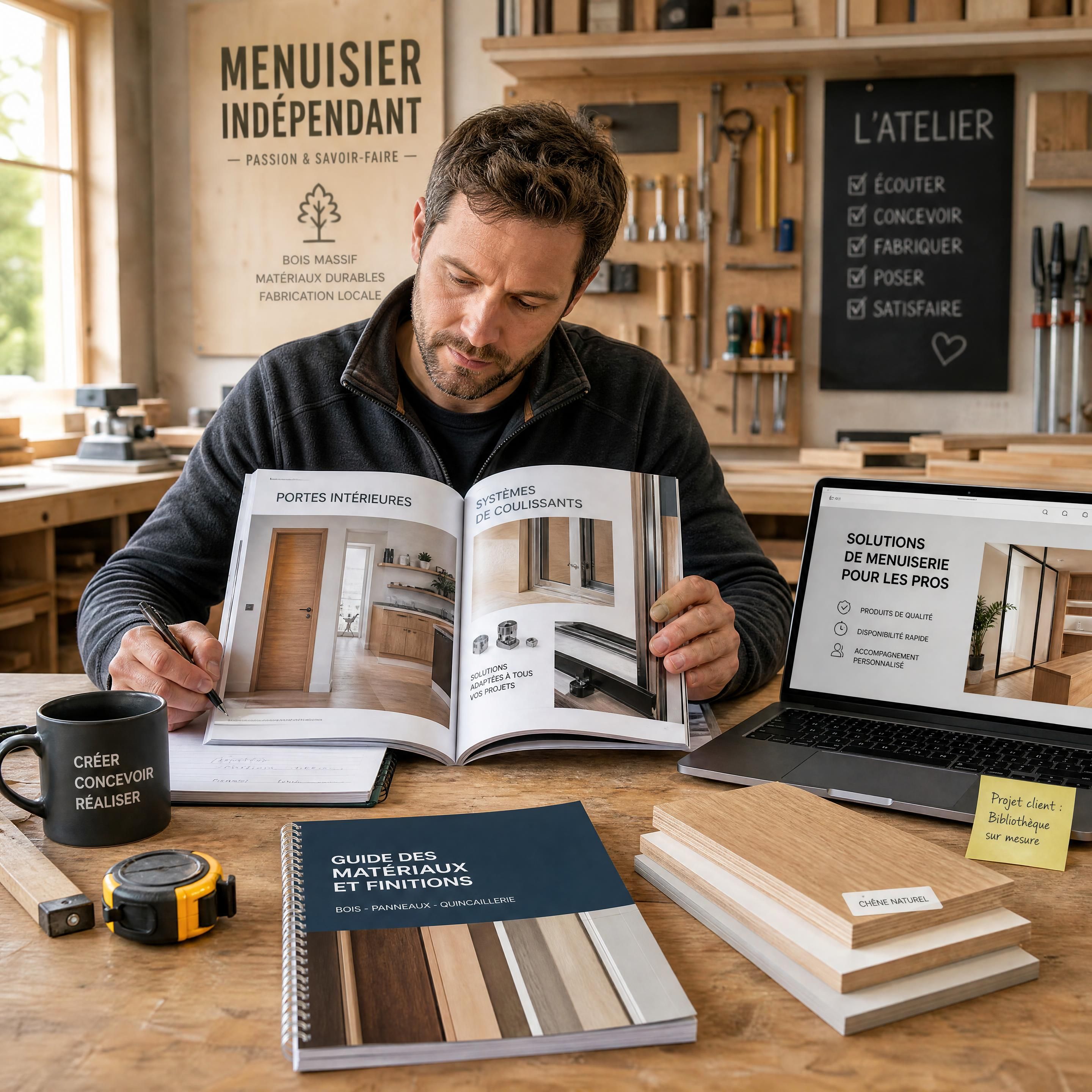 Menuisier indépendant consultant un catalogue de fournisseurs et des solutions de menuiserie dans son atelier