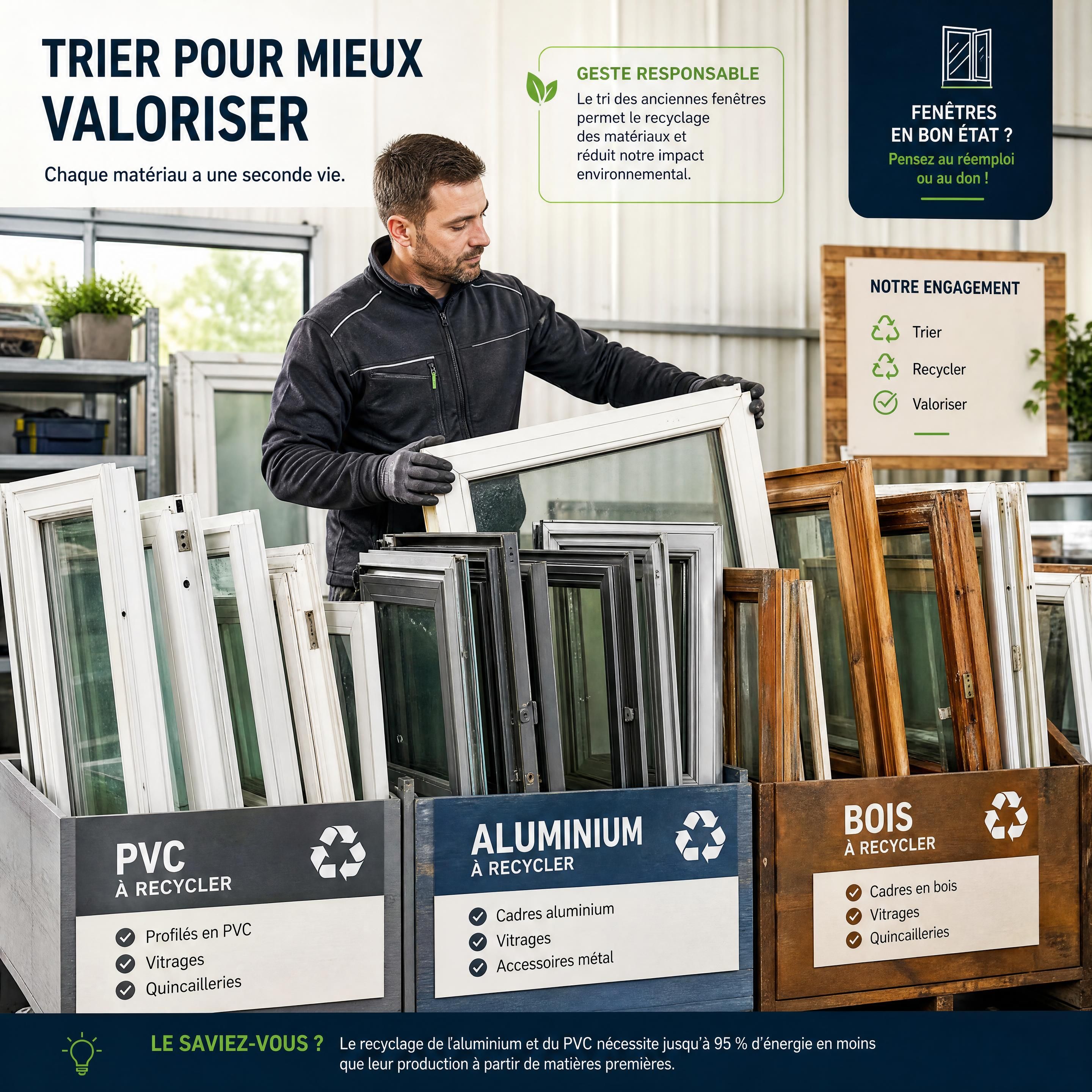 Menuisier professionnel triant des anciennes fenêtres en PVC, aluminium et bois dans un dépôt organisé