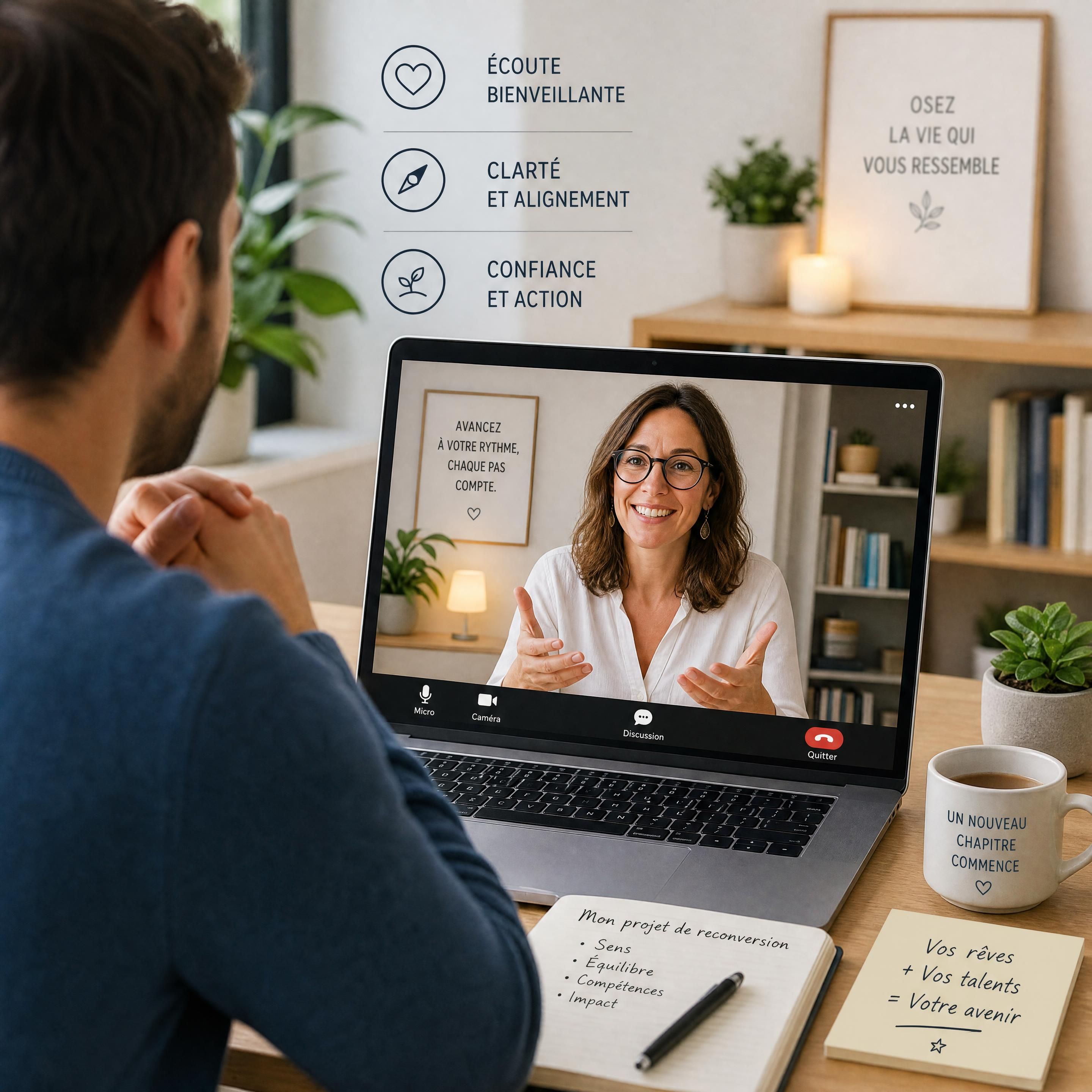Une séance de coaching de vie en visioconférence entre une professionnelle bienveillante et un actif en reconversion