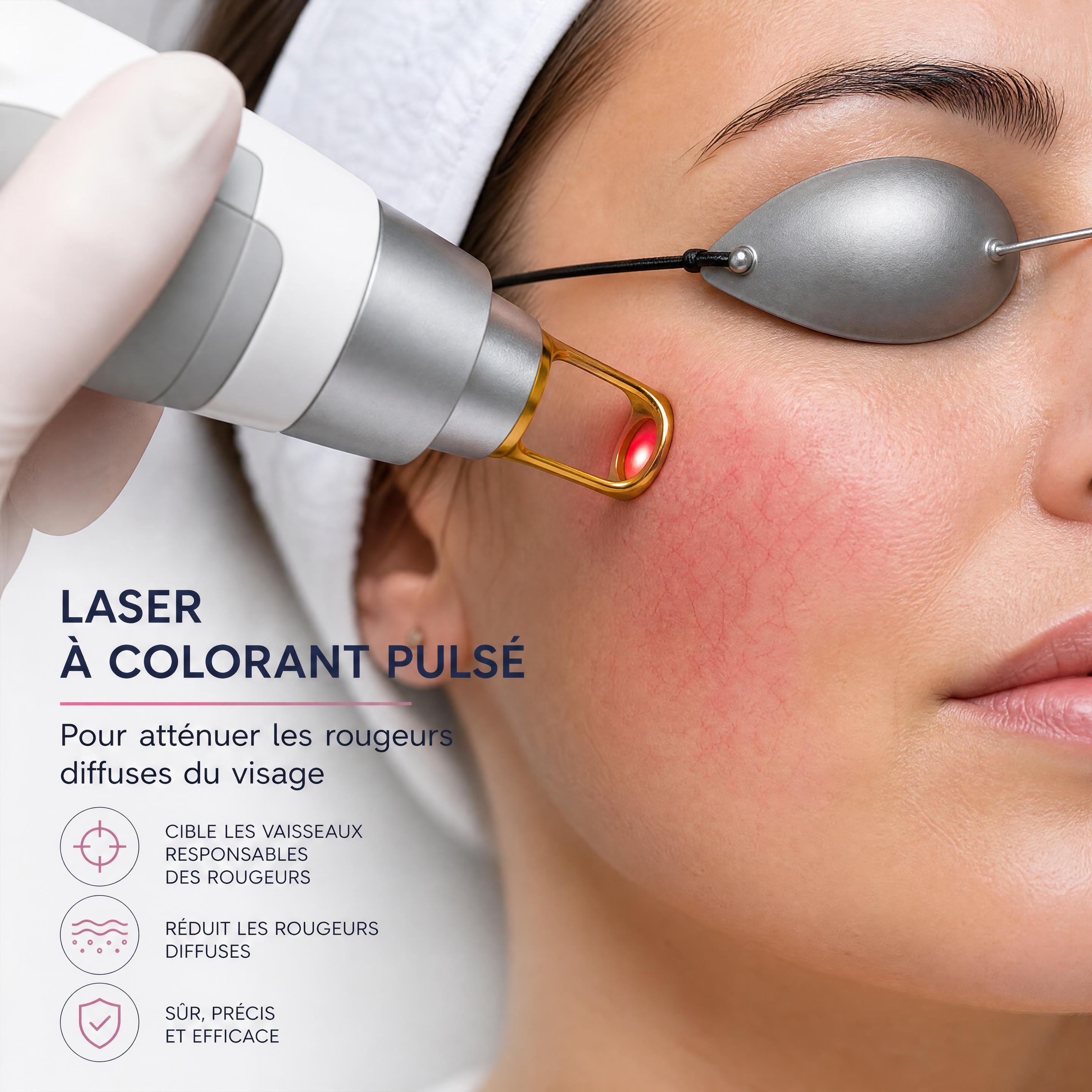 Gros plan sur un traitement au laser à colorant pulsé pour atténuer les rougeurs diffuses du visage