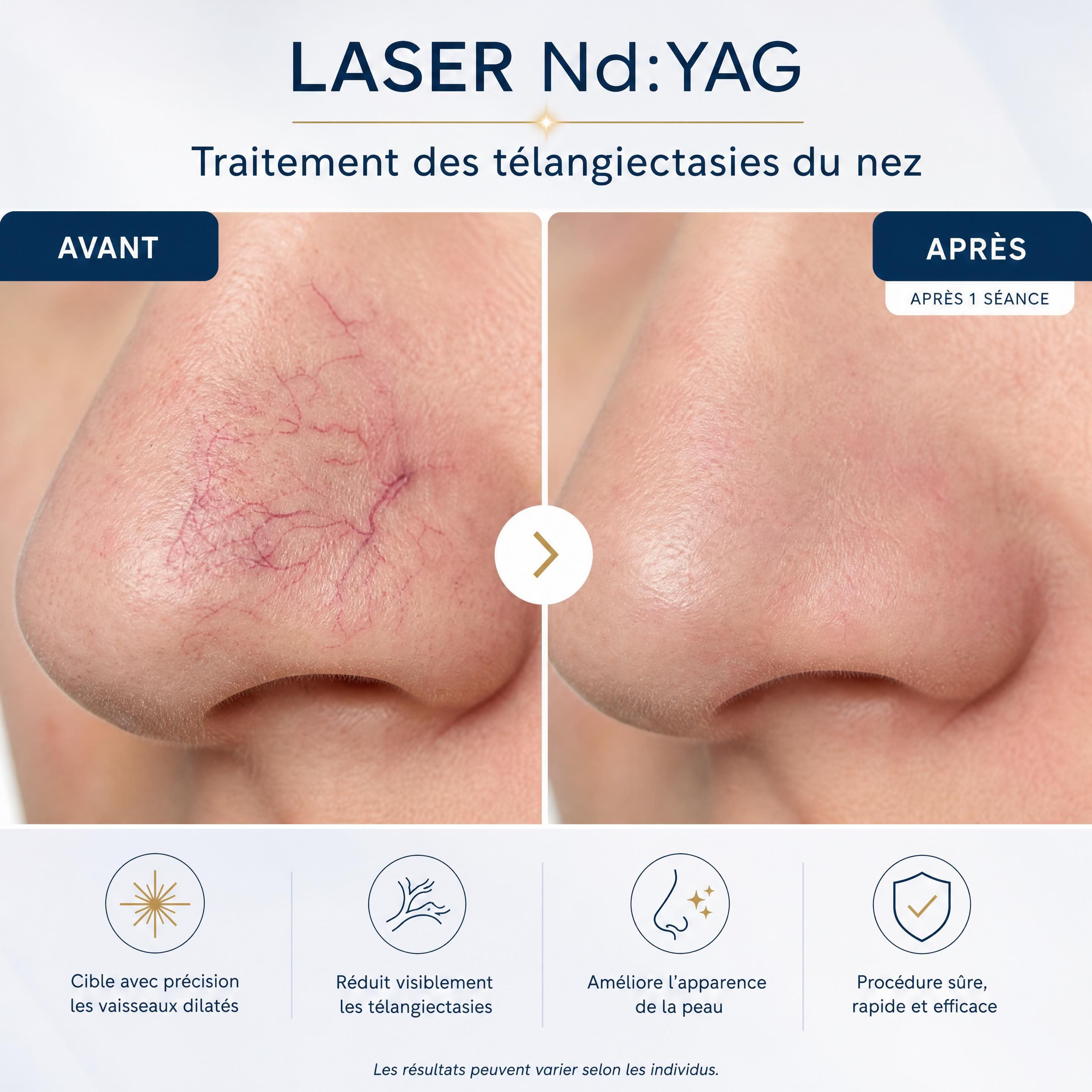 Gros plan sur des télangiectasies du nez avant et après une séance de laser Nd:YAG