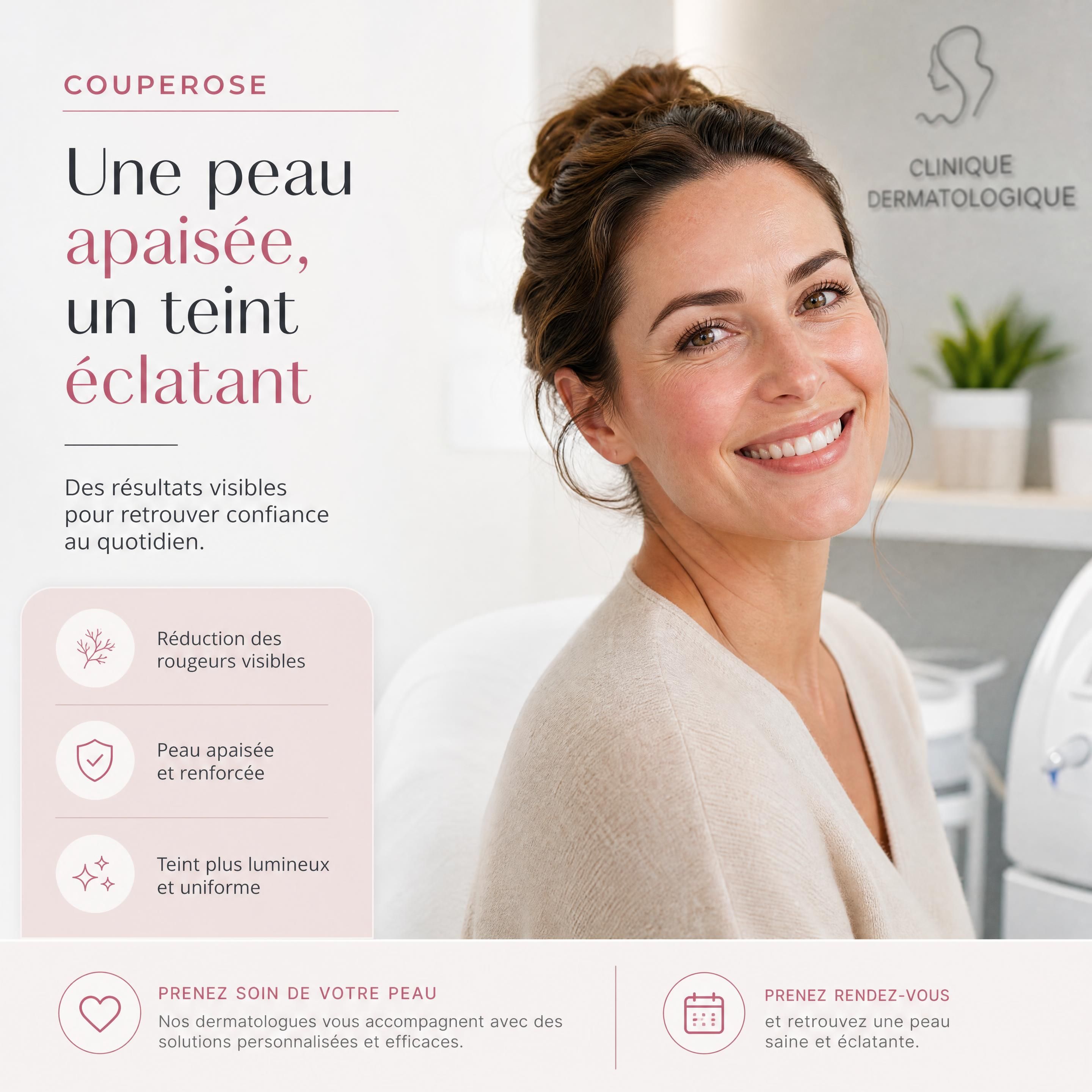 Patiente souriante après son traitement de la couperose en clinique dermatologique