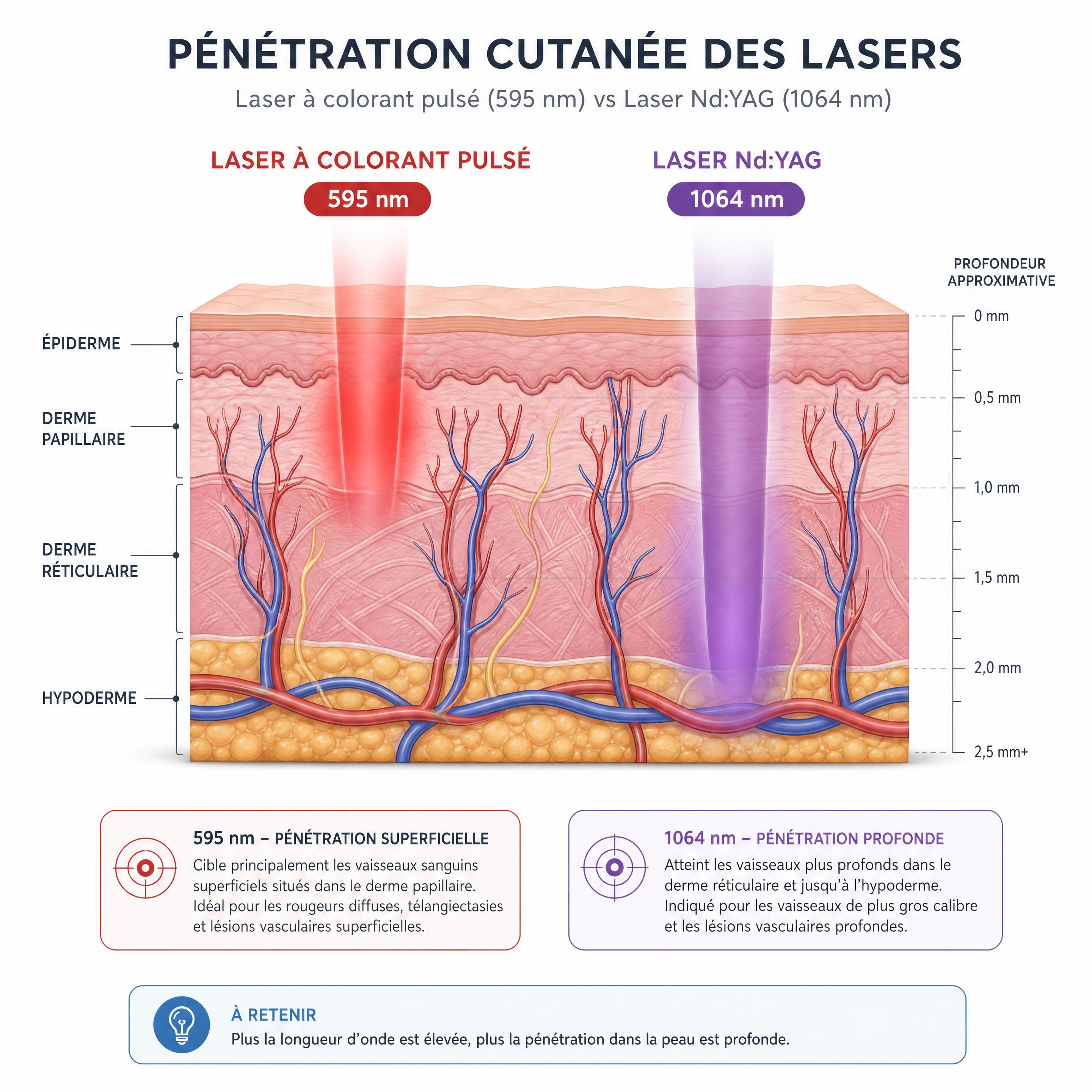 Représentation graphique de la pénétration cutanée des longueurs d'onde du laser à colorant pulsé (595 nm) et du laser Nd:YAG (1064 nm)