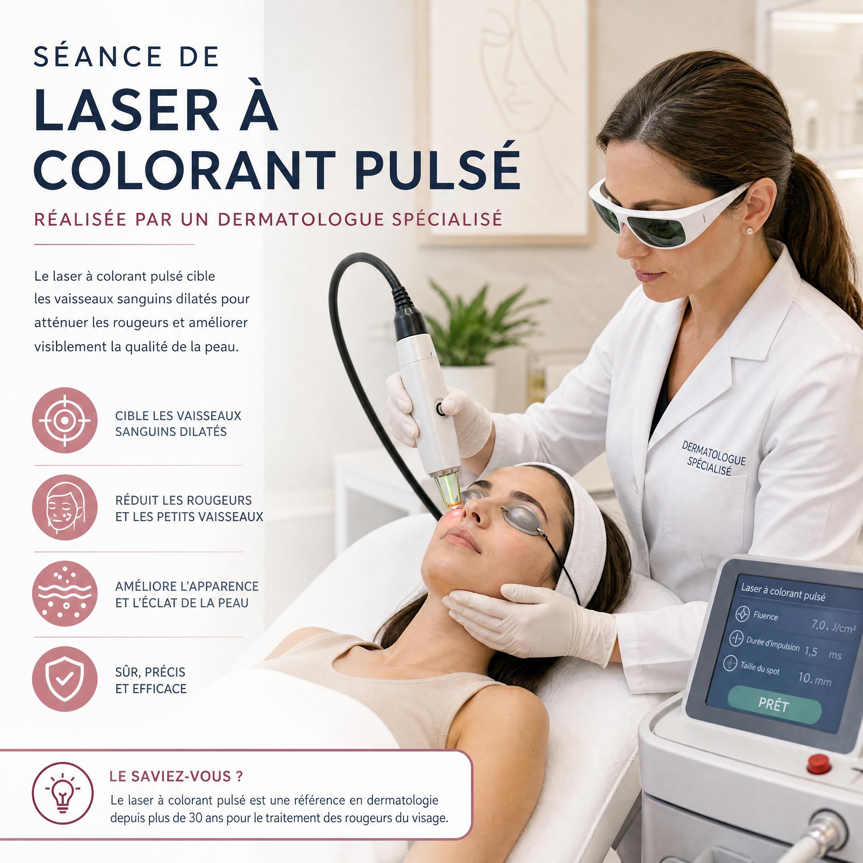 Séance de laser à colorant pulsé réalisée par un dermatologue spécialisé