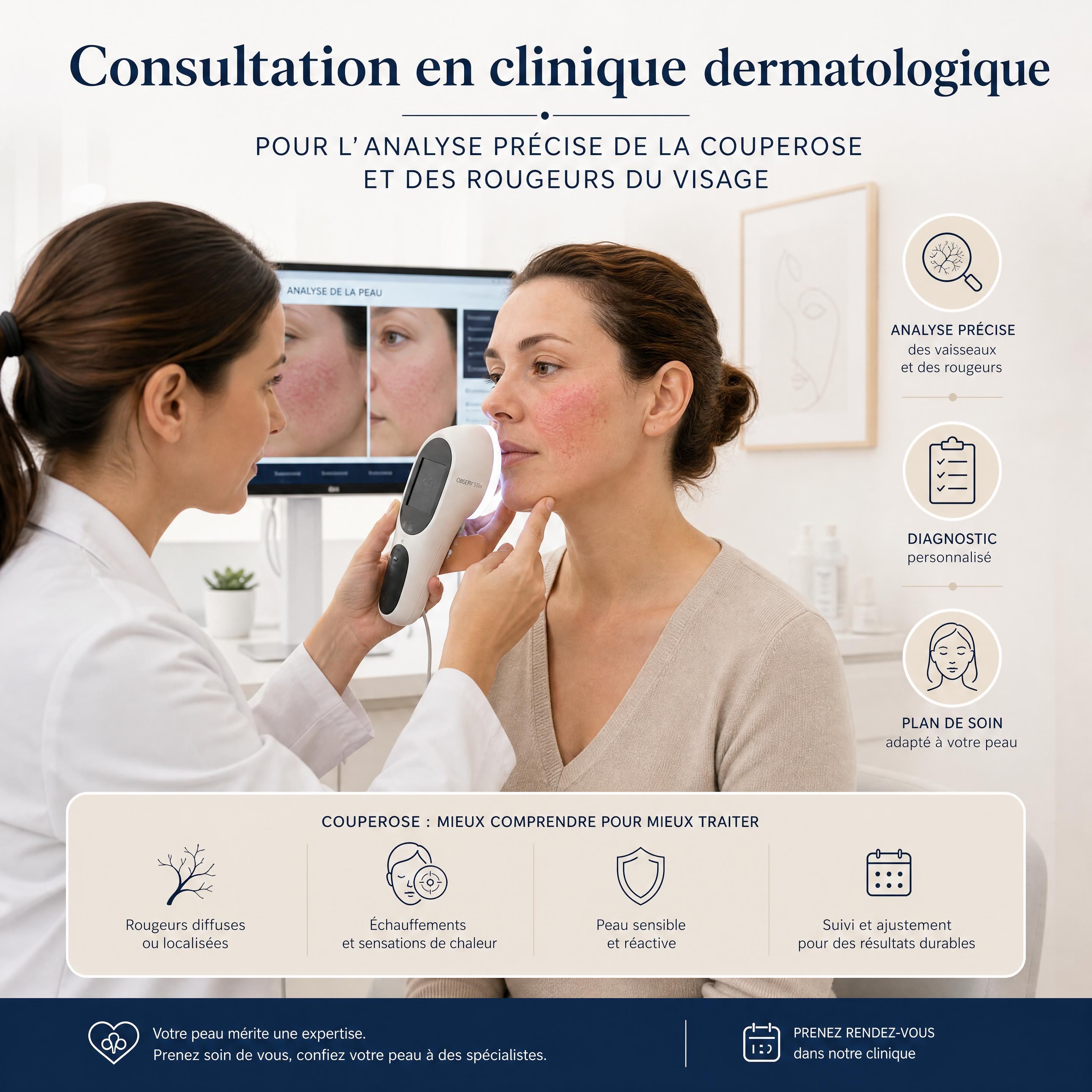 Consultation en clinique dermatologique pour l'analyse précise de la couperose et des rougeurs du visage
