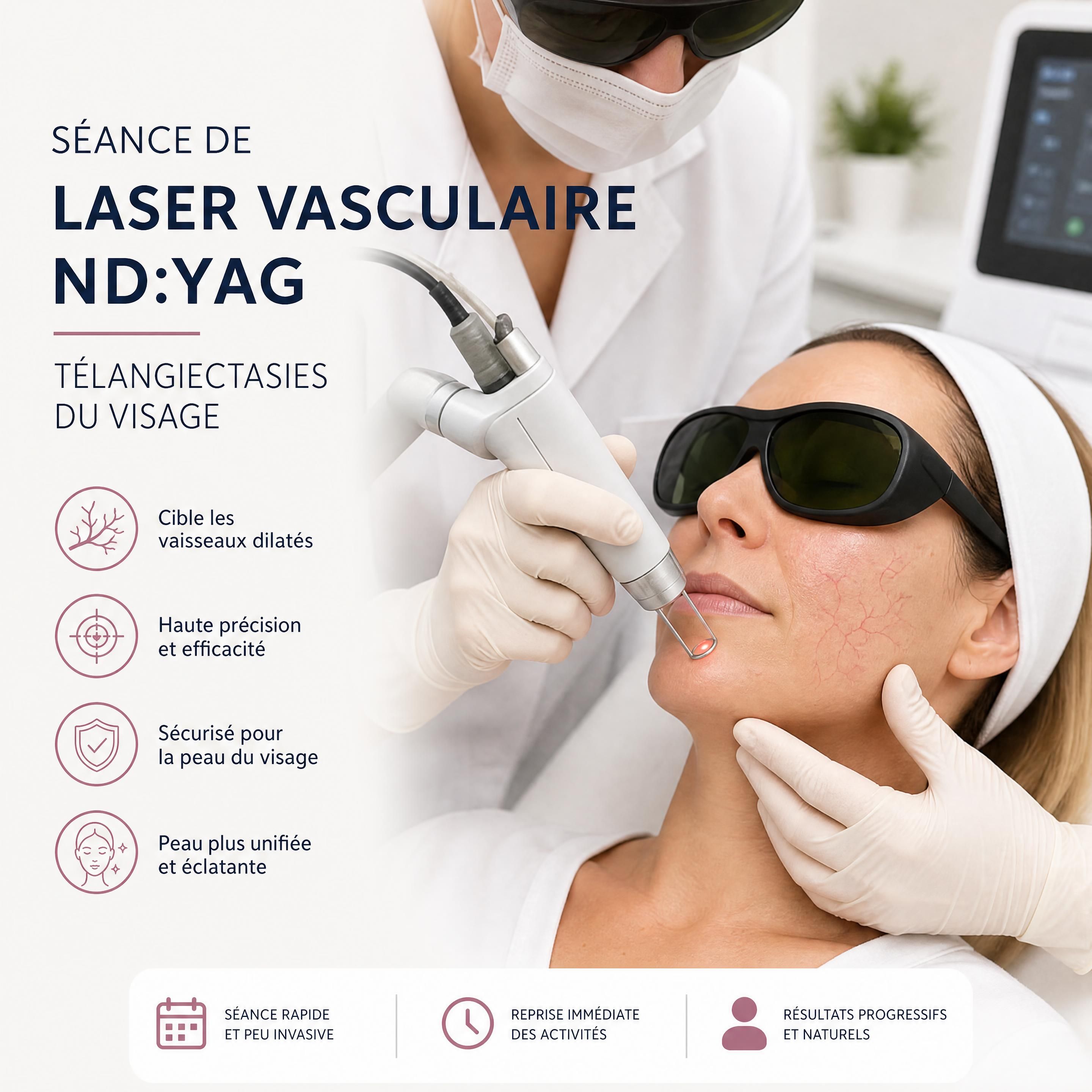 Séance de laser vasculaire Nd:YAG sur des télangiectasies du visage avec lunettes de protection