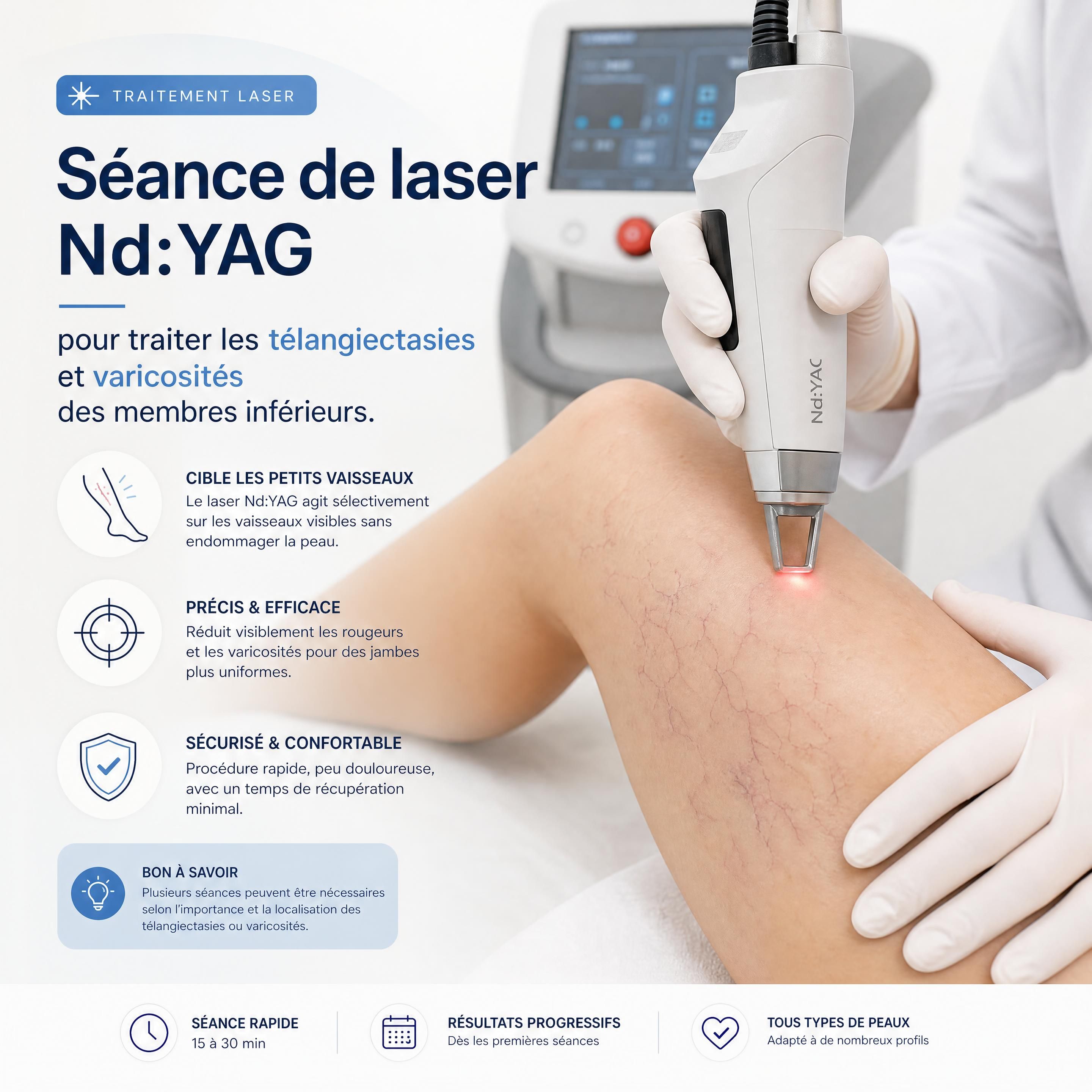 Séance de laser Nd:YAG pour traiter les télangiectasies et varicosités des membres inférieurs
