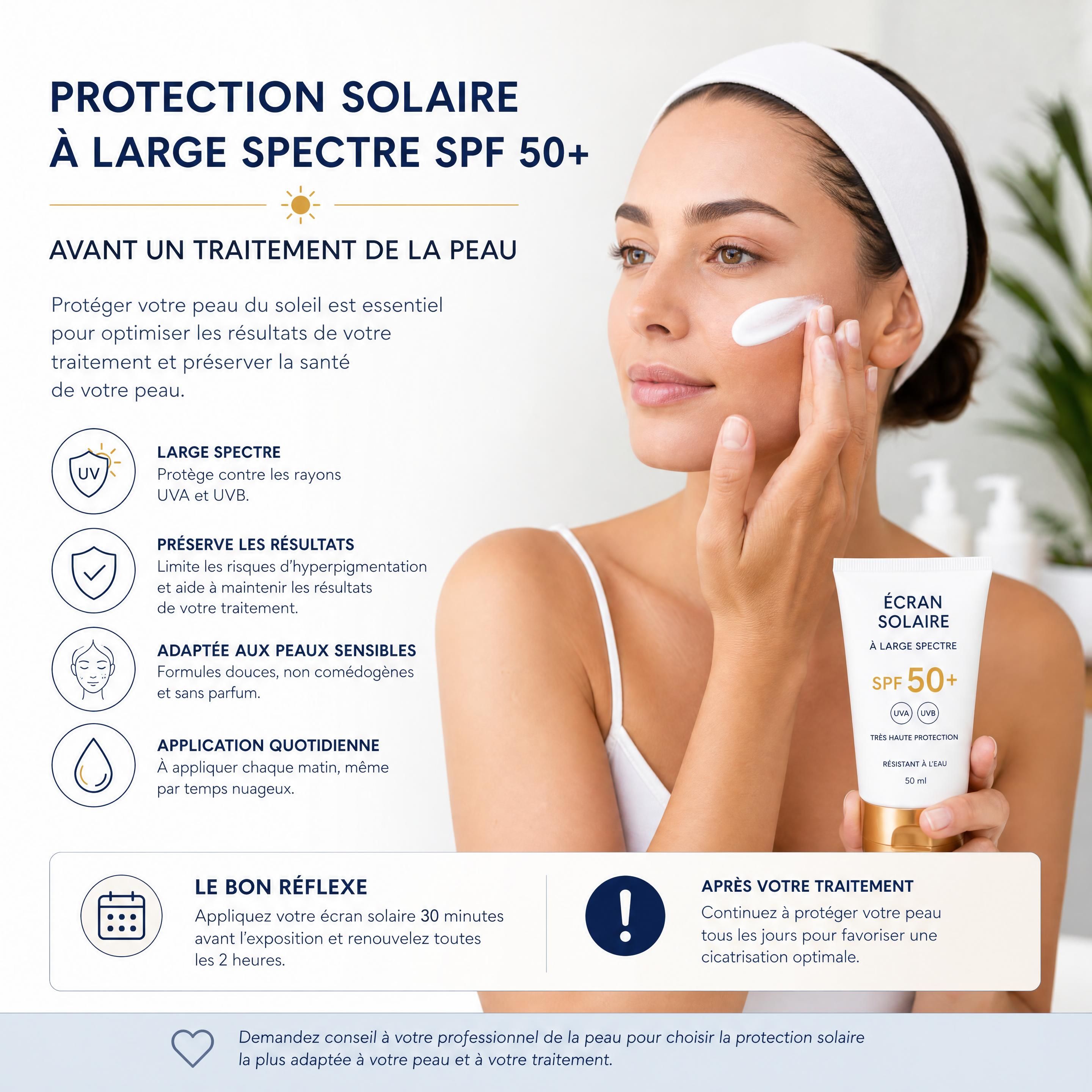 Application d'une protection solaire à large spectre SPF 50+ avant un traitement de la peau