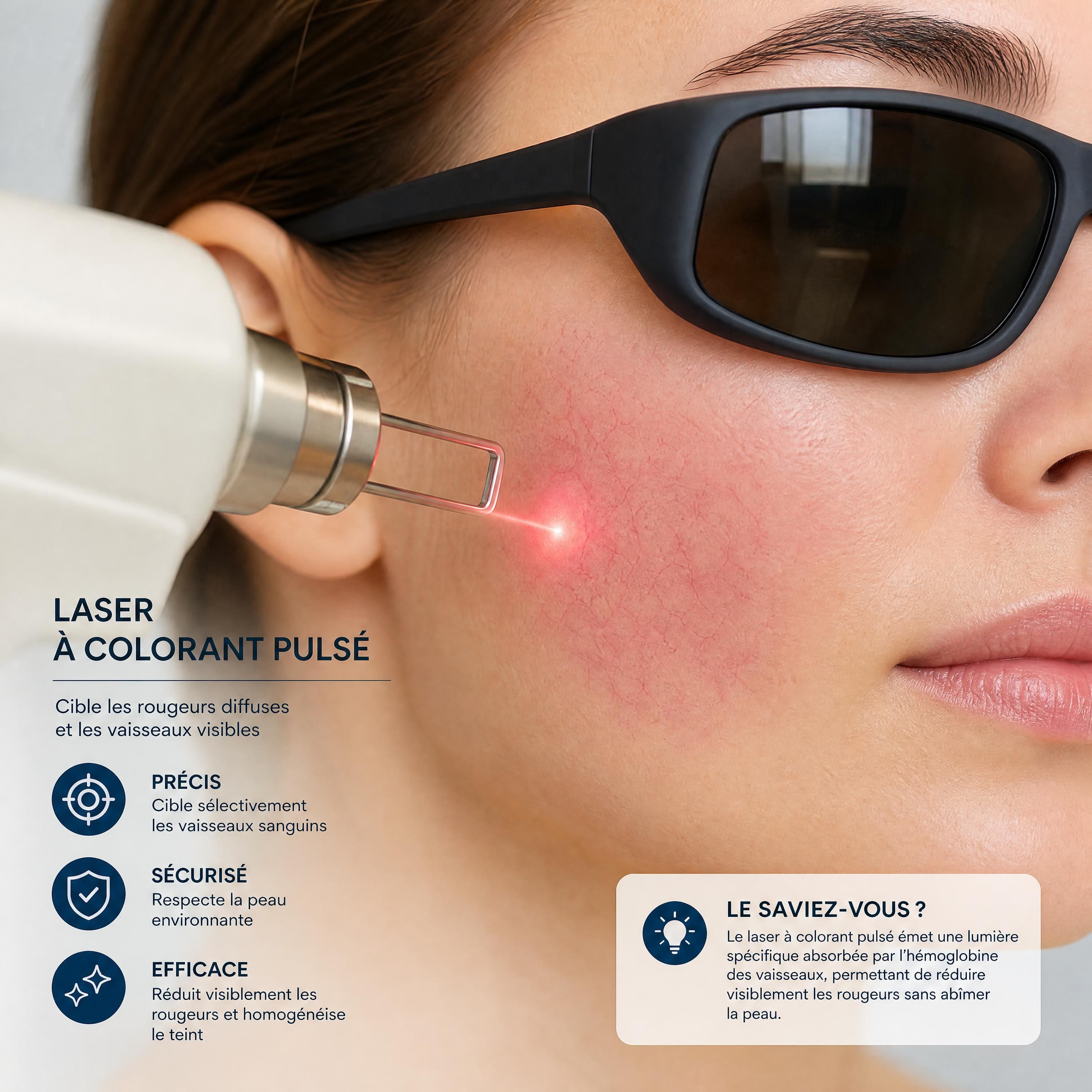 Gros plan d'un faisceau de laser à colorant pulsé ciblant des rougeurs diffuses sur les joues