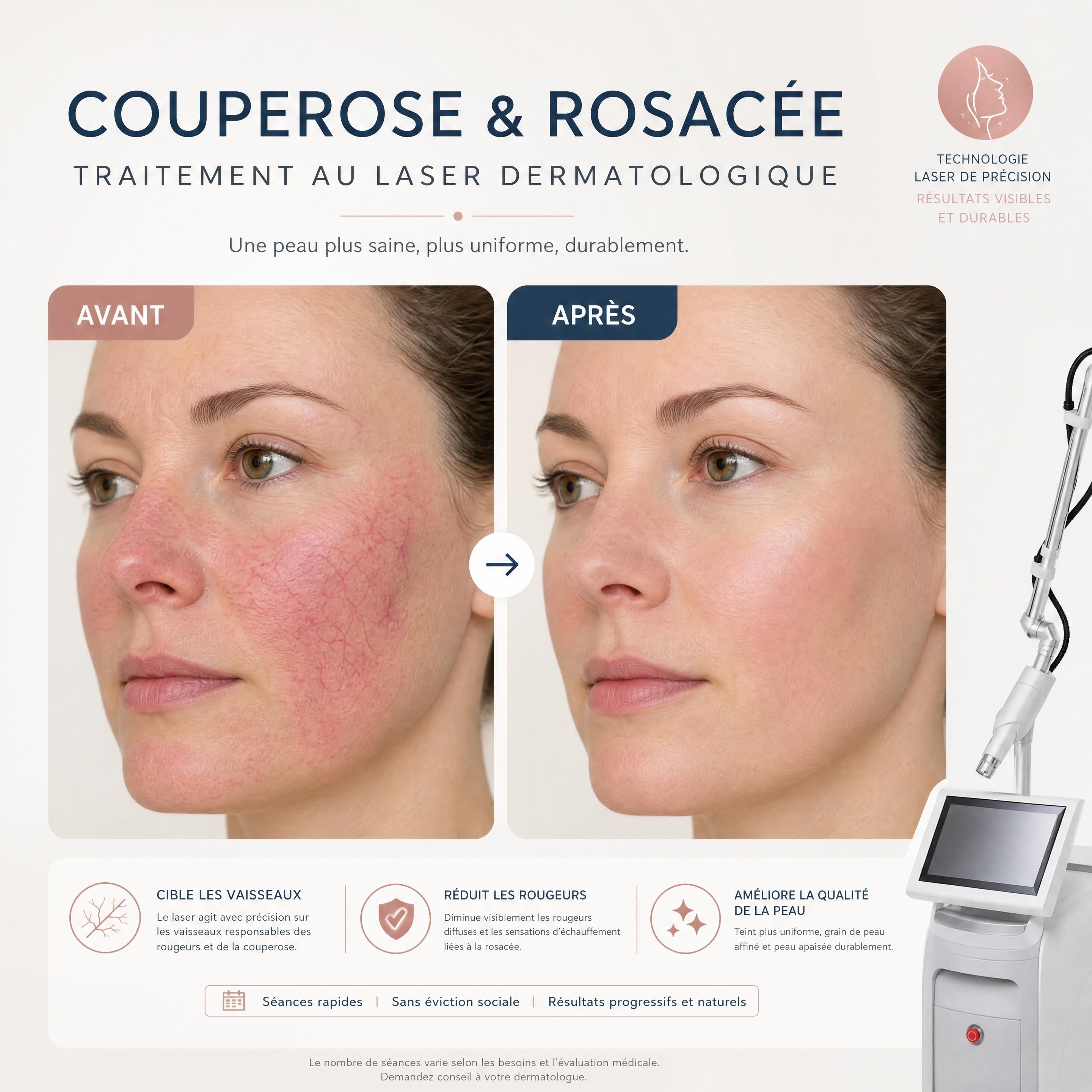 Avant-après d'un traitement réussi de la couperose et de la rosacée par laser dermatologique