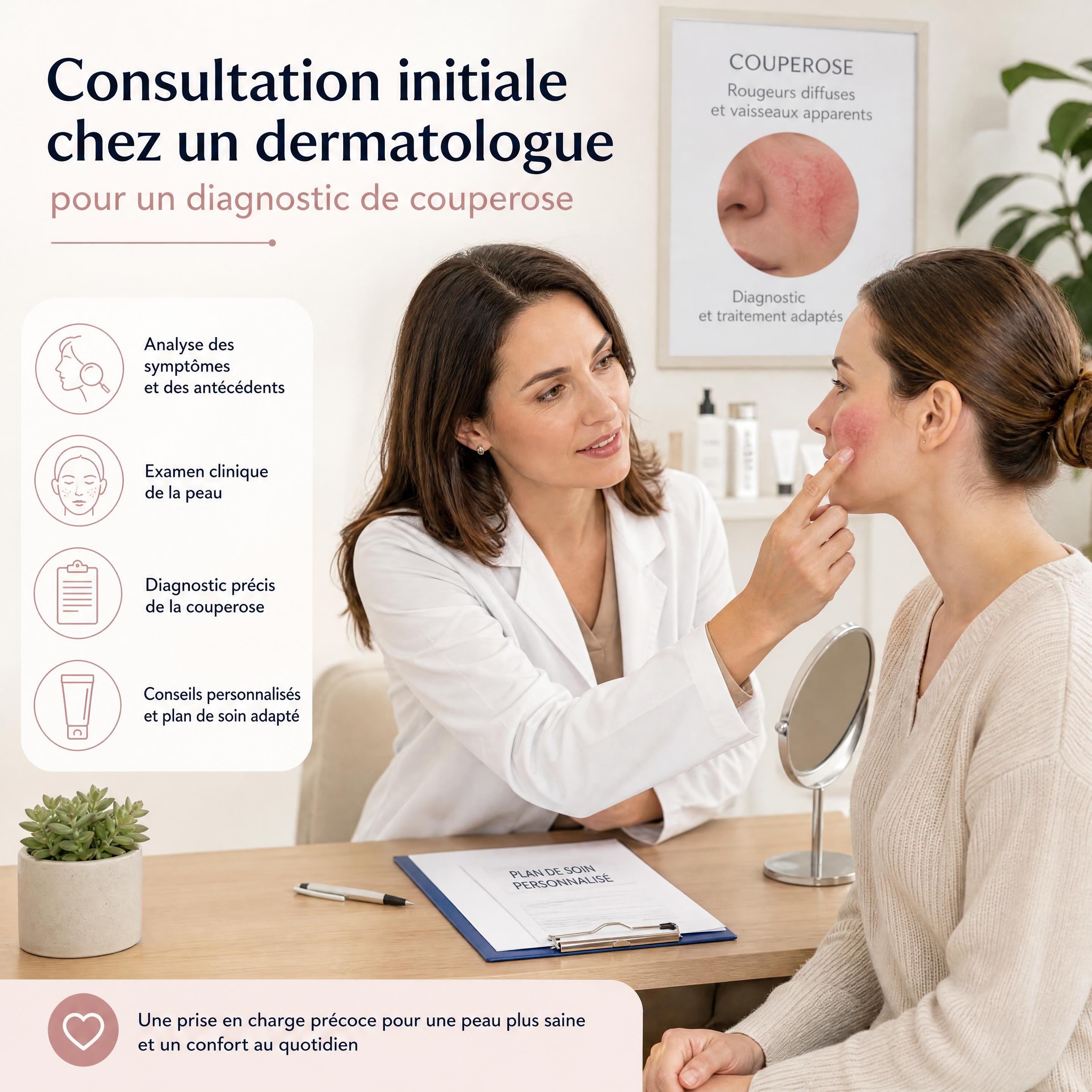 Consultation initiale chez un dermatologue pour un diagnostic de couperose