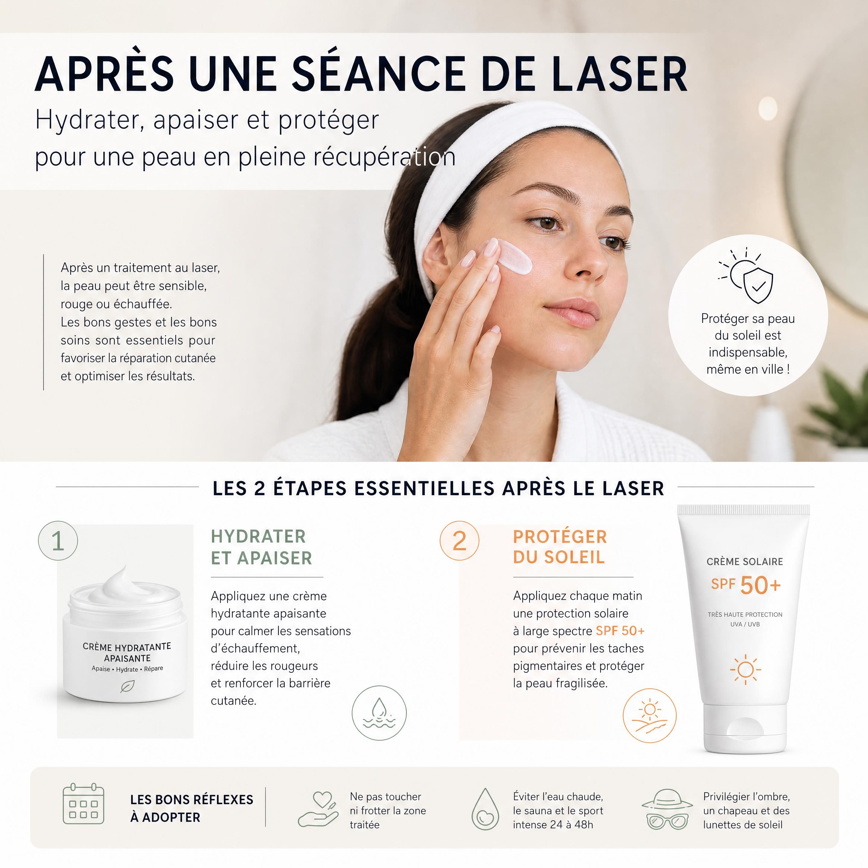 Application d'une crème hydratante apaisante et d'une protection solaire après une séance de laser