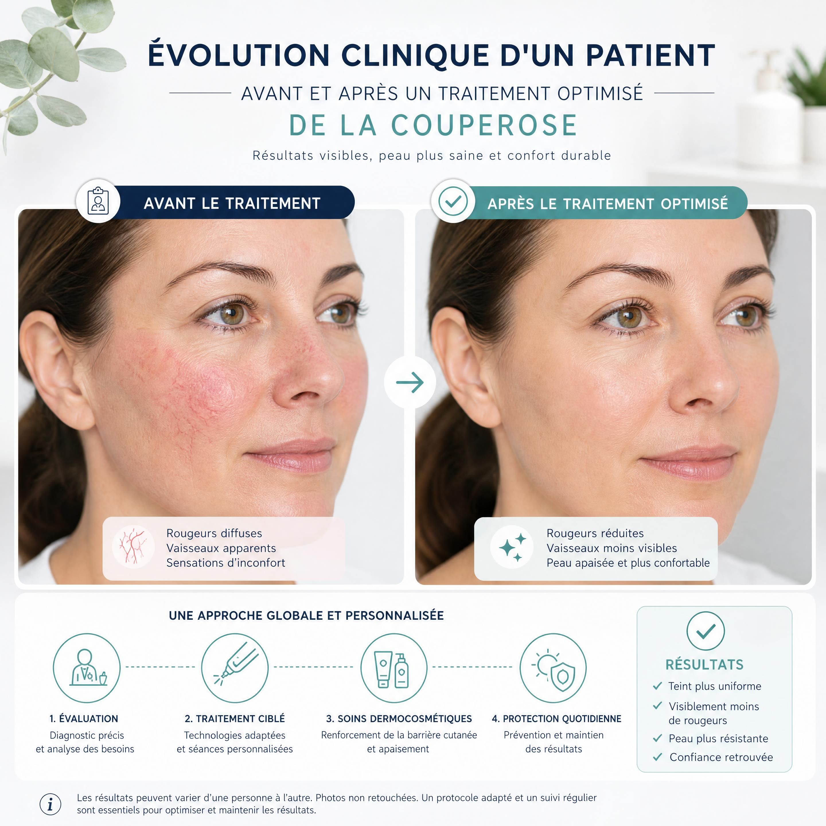 Évolution clinique d'un patient avant et après un traitement optimisé de la couperose