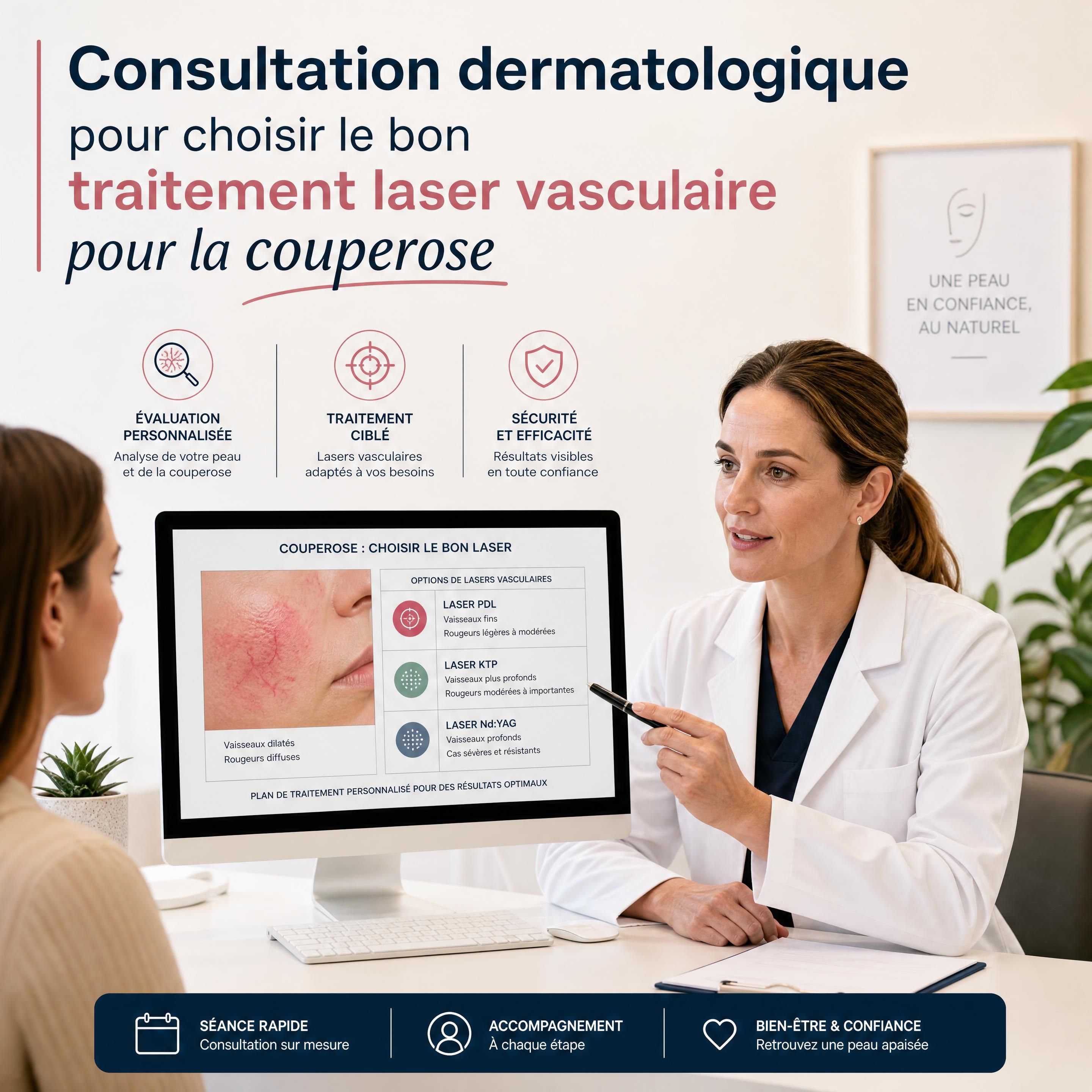 Consultation dermatologique pour choisir le bon traitement laser vasculaire pour la couperose