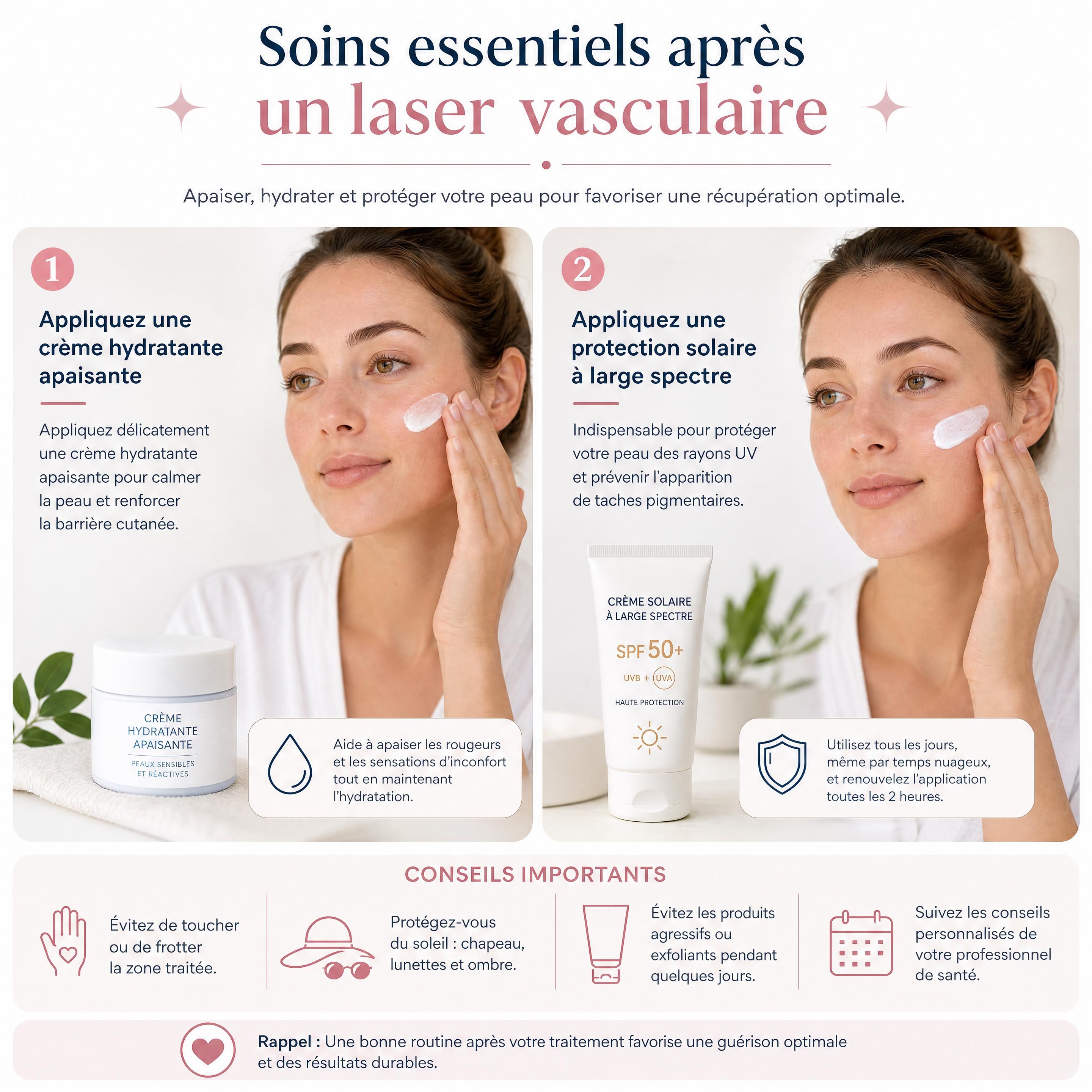 Application d'une crème hydratante apaisante et d'une protection solaire après une séance de laser vasculaire