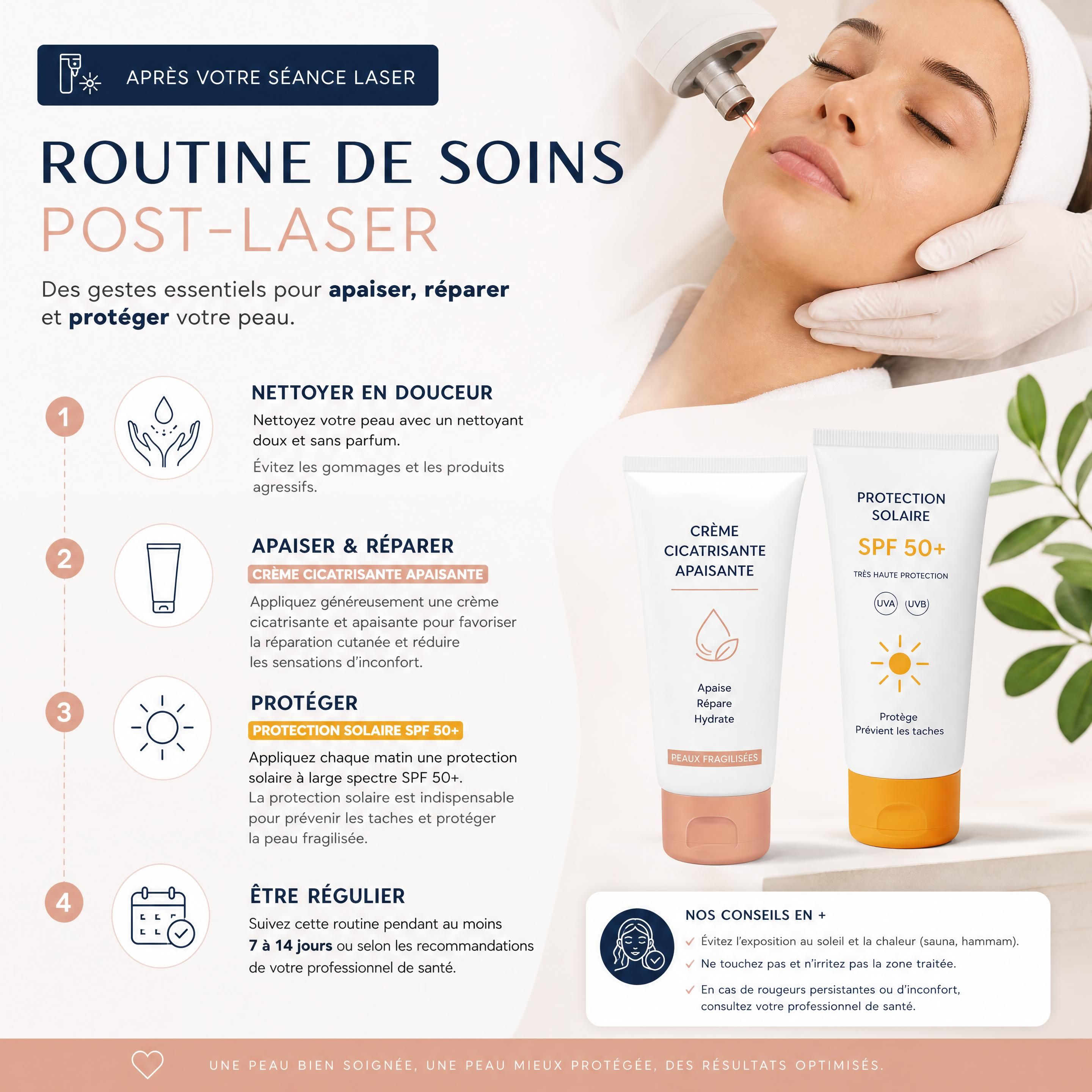 Routine de soins post-laser incluant une crème cicatrisante apaisante et une protection solaire SPF 50+