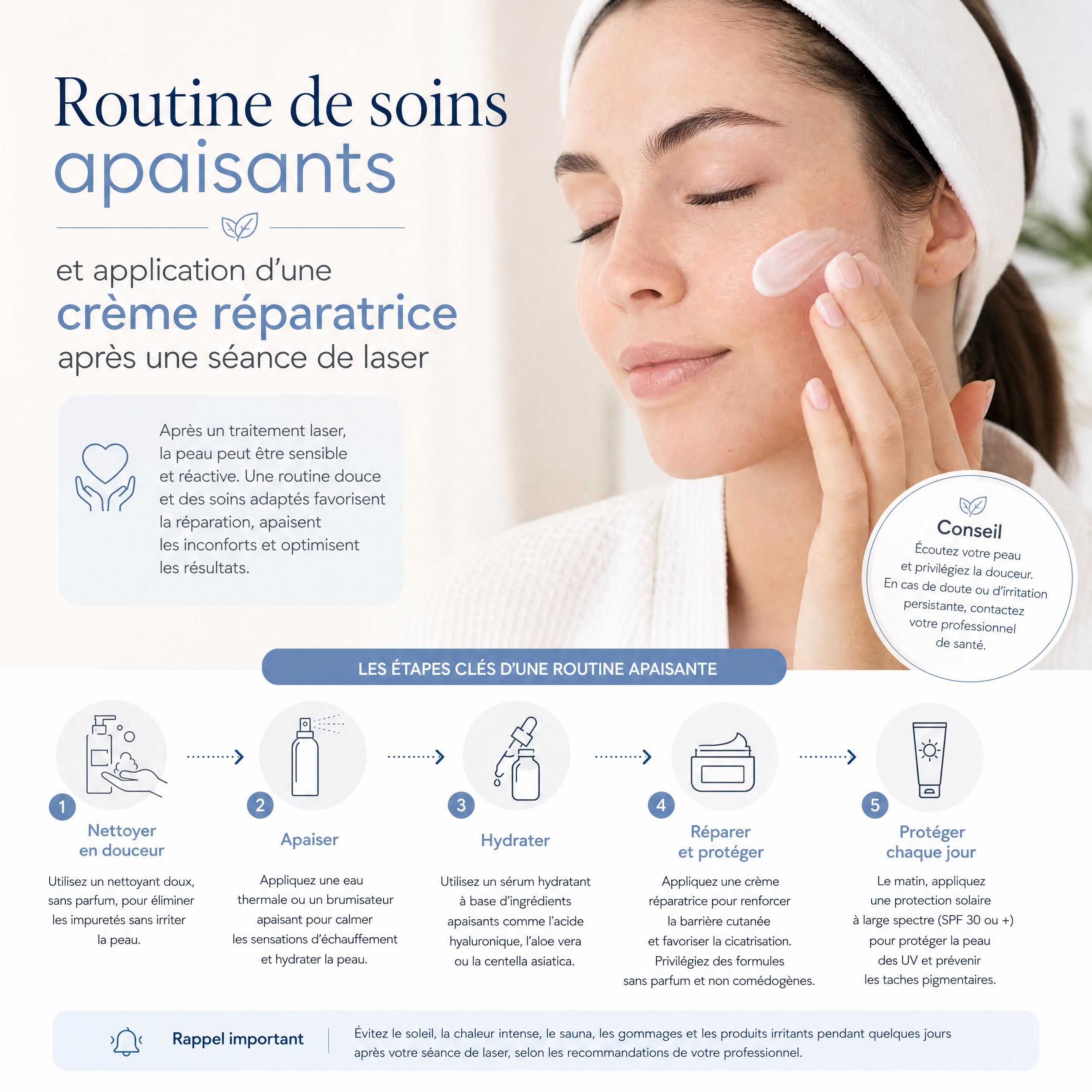 Routine de soins apaisants et application d'une crème réparatrice après une séance de laser