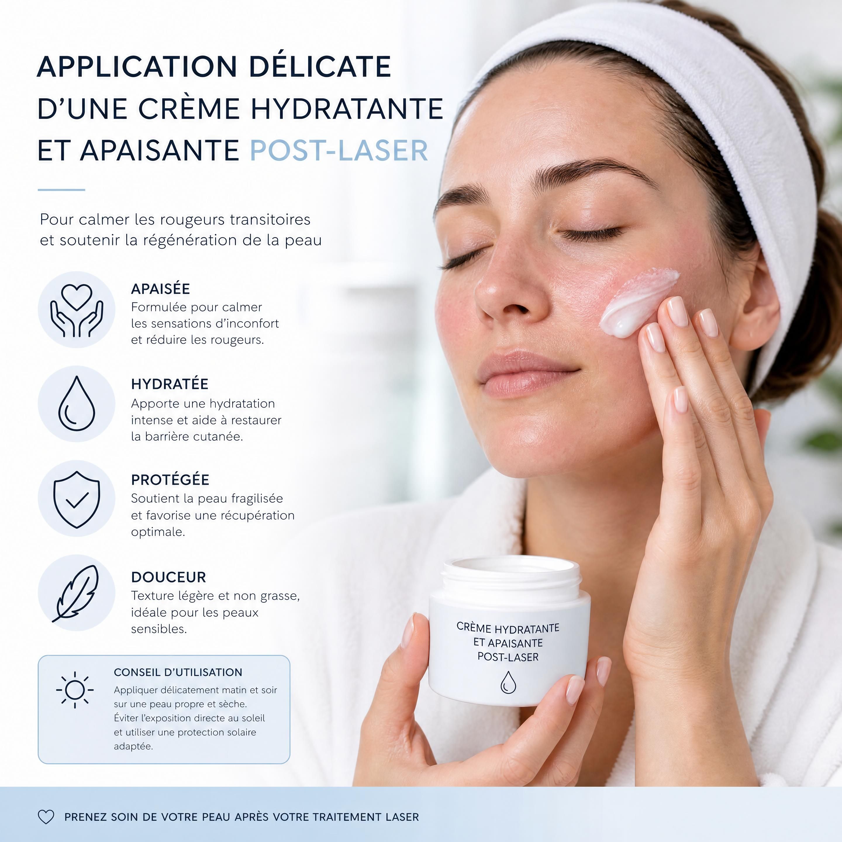 Application délicate d'une crème hydratante et apaisante post-laser sur le visage pour calmer les rougeurs transitoires