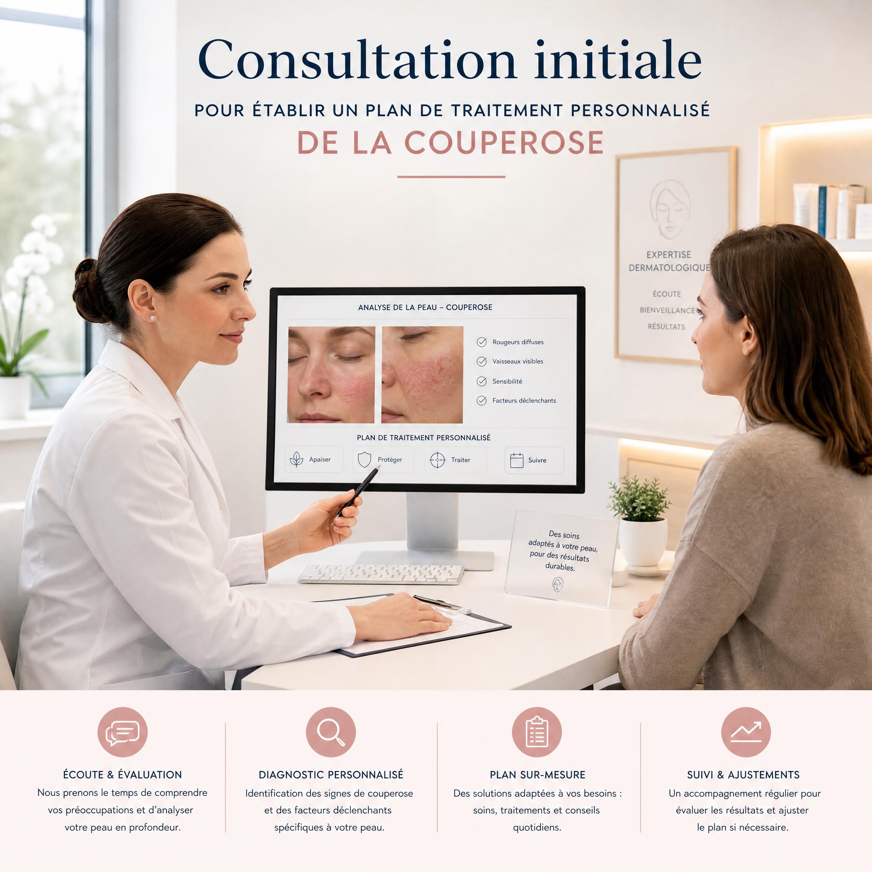 Consultation initiale dans une clinique dermatologique pour établir un plan de traitement personnalisé de la couperose