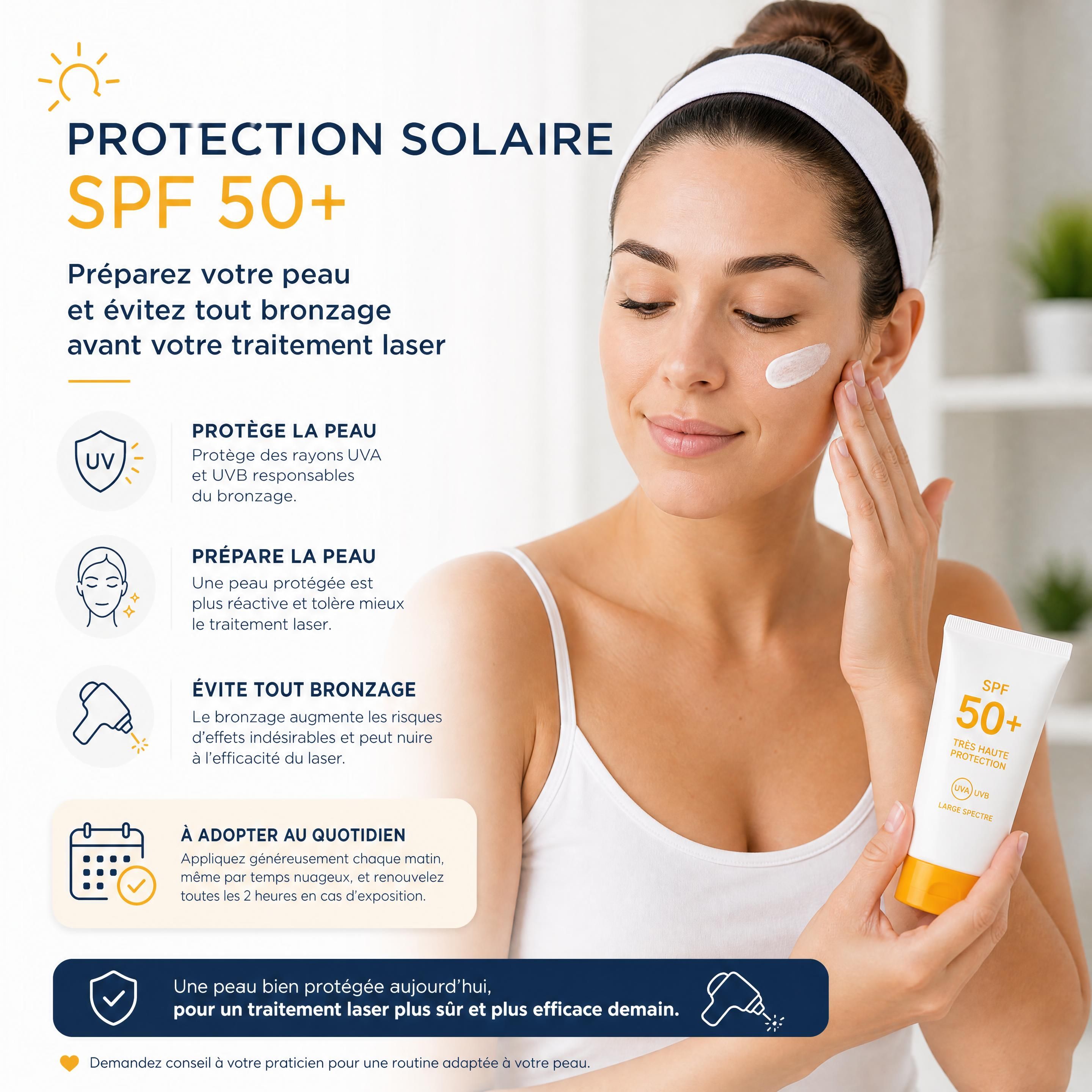 Application d'une protection solaire SPF 50+ pour préparer la peau et éviter tout bronzage avant le traitement laser
