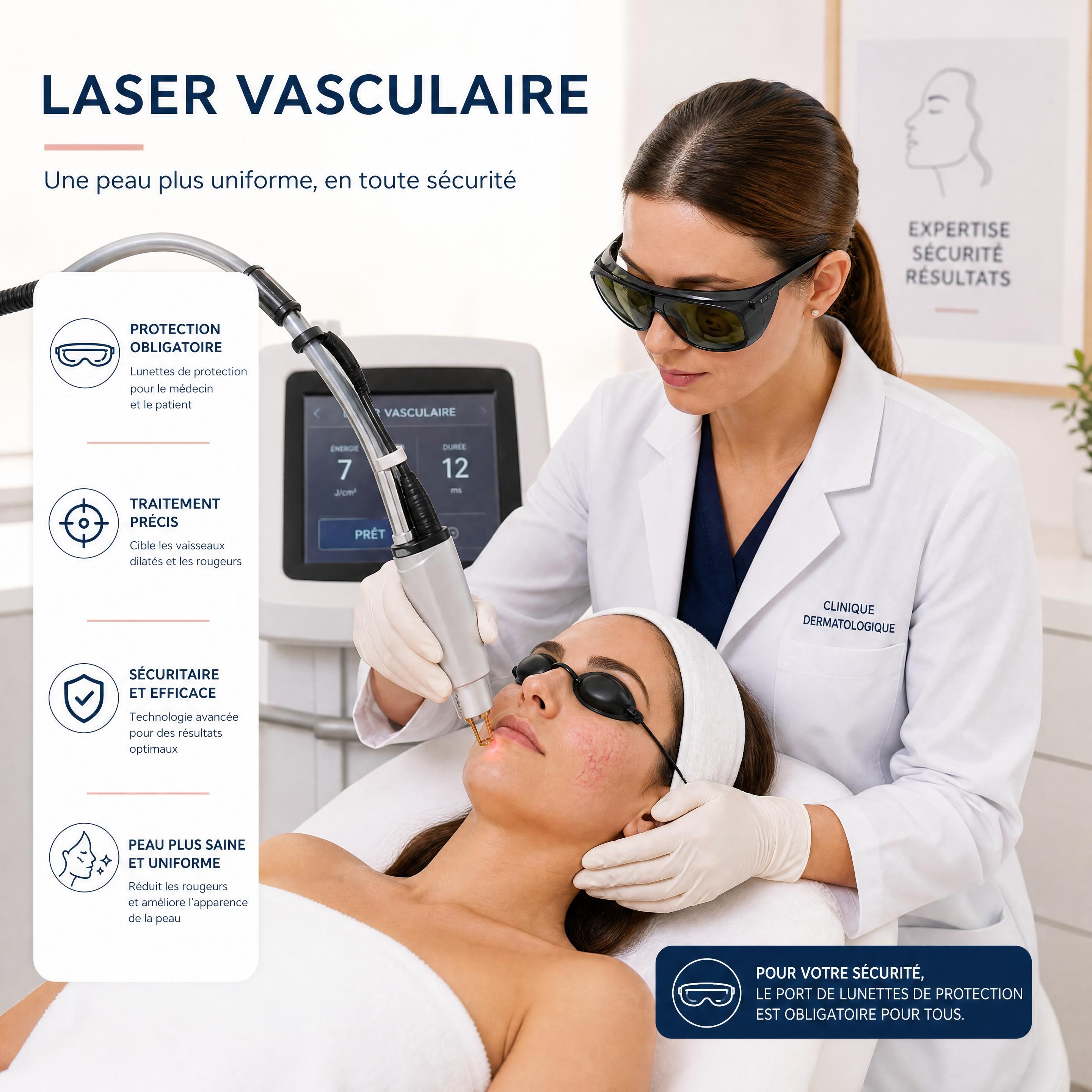 Séance de laser vasculaire en cours en clinique dermatologique avec port obligatoire de lunettes de protection pour le médecin et le patient