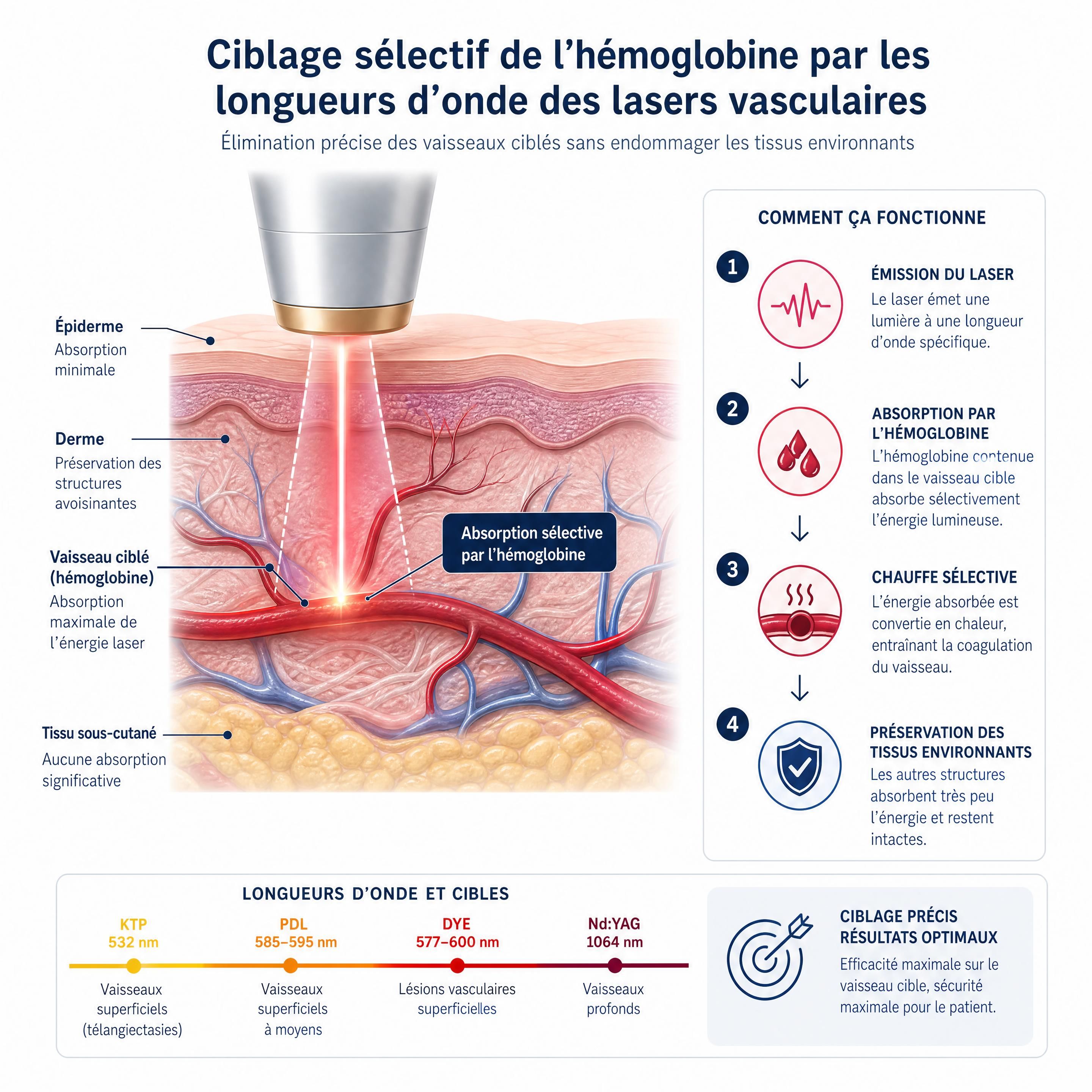 Schéma du ciblage sélectif de l'hémoglobine par les longueurs d'onde des lasers vasculaires sans endommager les tissus environnants