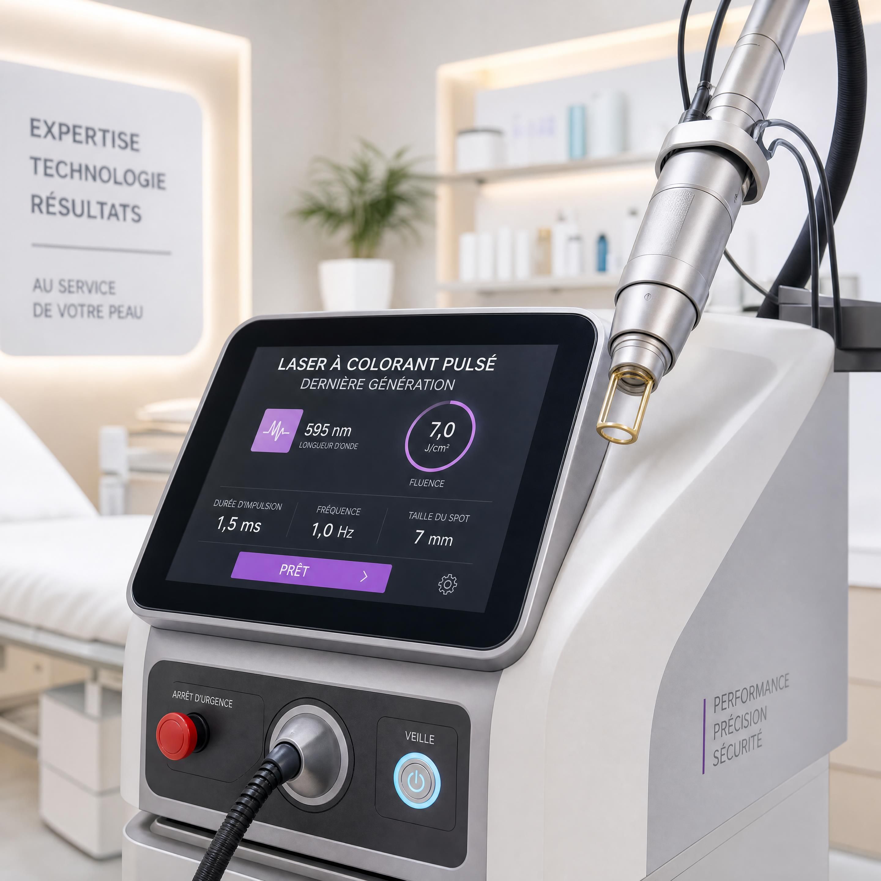 Gros plan sur un appareil de laser à colorant pulsé de dernière génération dans une clinique dermatologique