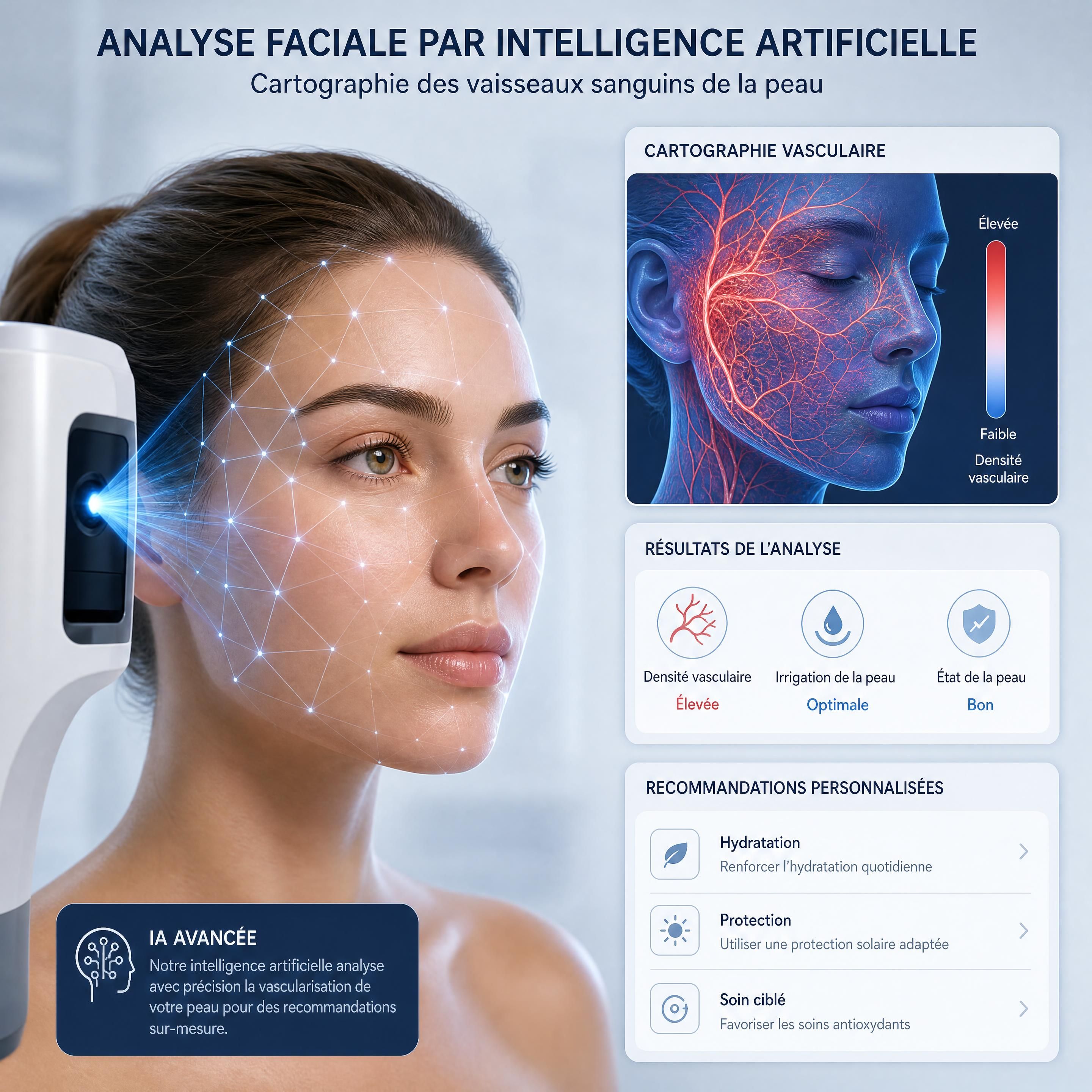 Représentation 3D d'une analyse faciale par intelligence artificielle cartographiant les vaisseaux sanguins de la peau