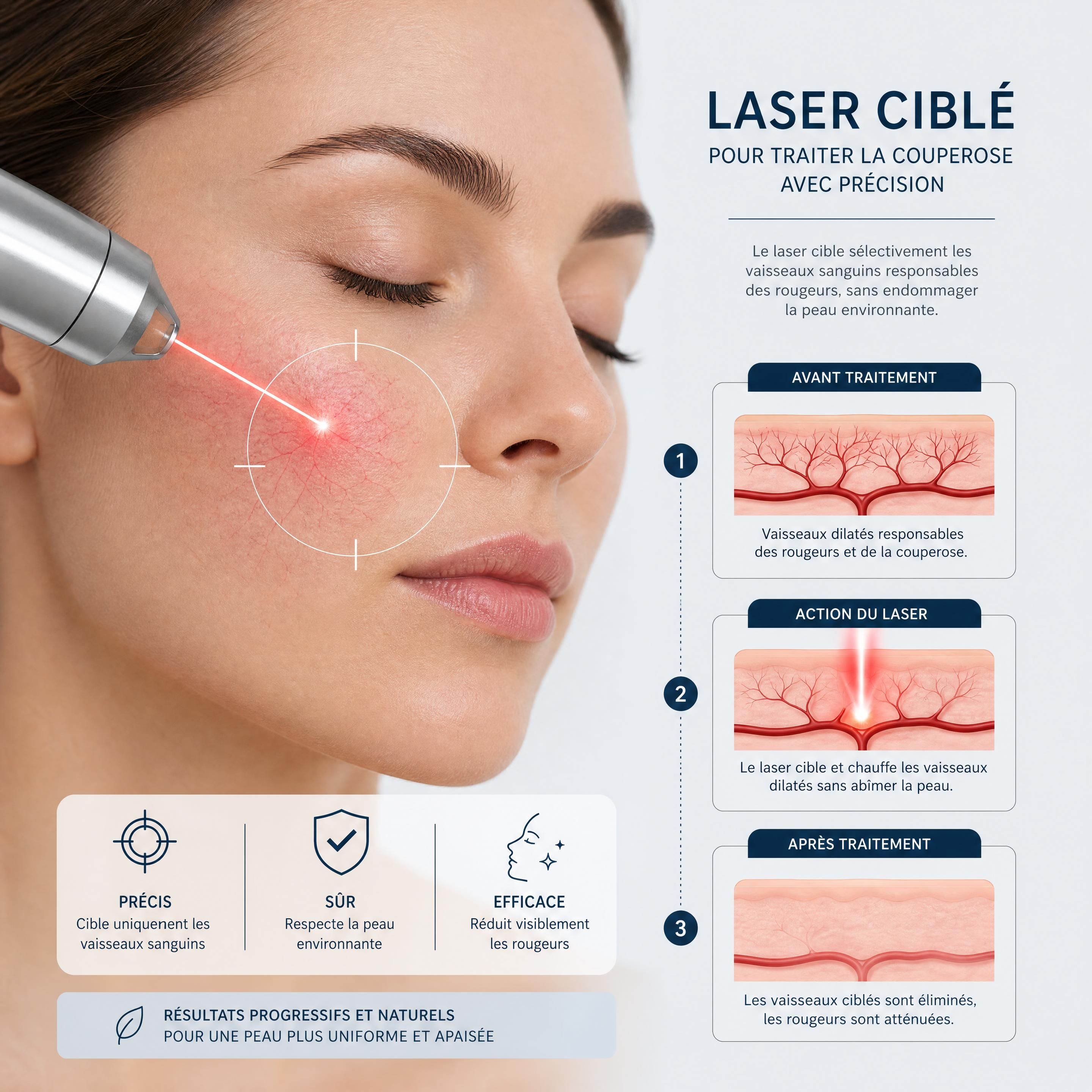 Illustration conceptuelle d'un faisceau laser ciblant précisément les vaisseaux sanguins d'un visage pour éliminer les rougeurs de la couperose