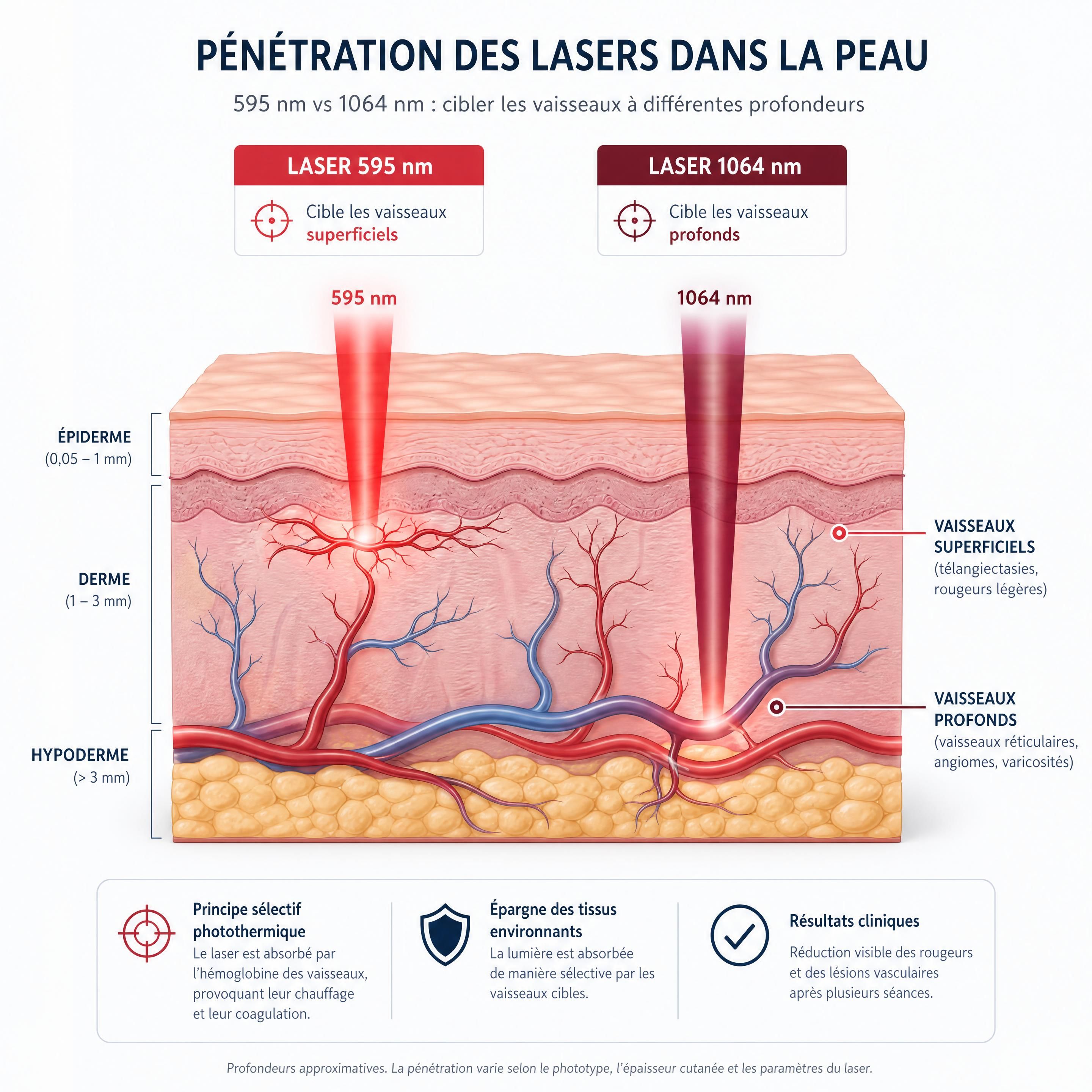 Schéma médical montrant la pénétration de la lumière laser (595nm vs 1064nm) dans la peau pour cibler les vaisseaux
