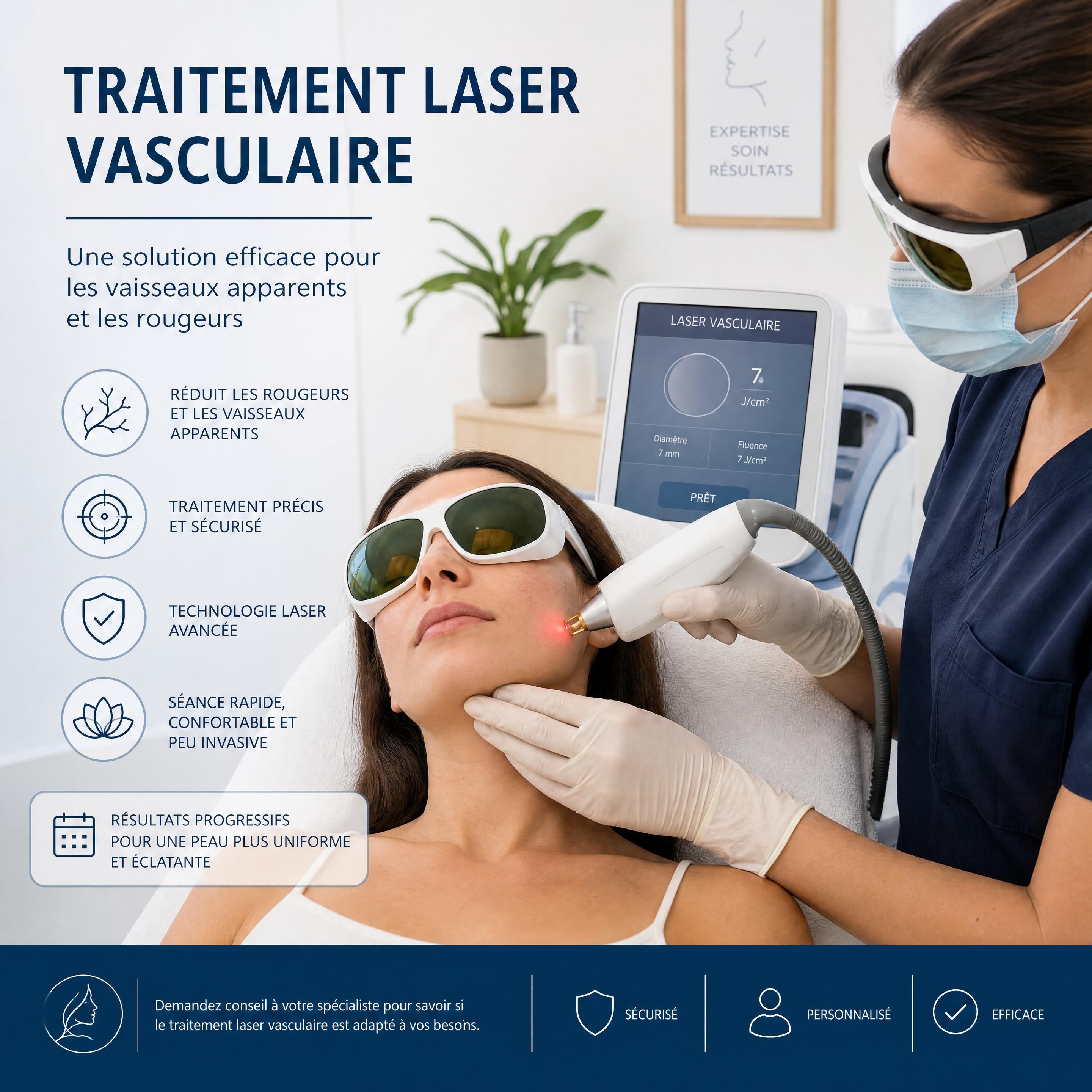 Patient recevant un traitement par laser vasculaire dans un cabinet médical, portant des lunettes de protection coques