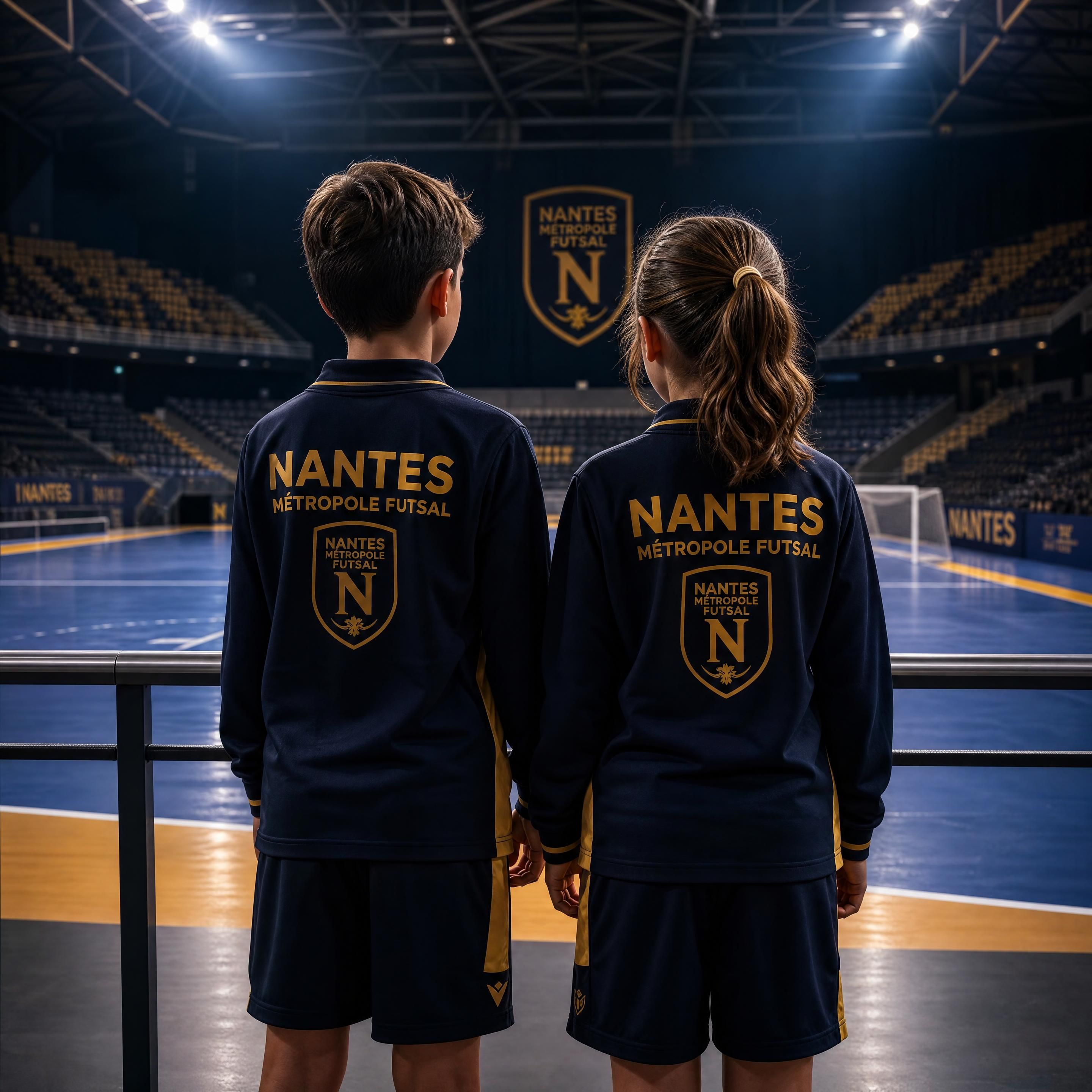 L'équipe du Nantes Métropole Futsal célébrant sa victoire historique en Coupe de France devant les supporters en feu du complexe Mangin Beaulieu, arborant fièrement les couleurs bleu et or du club