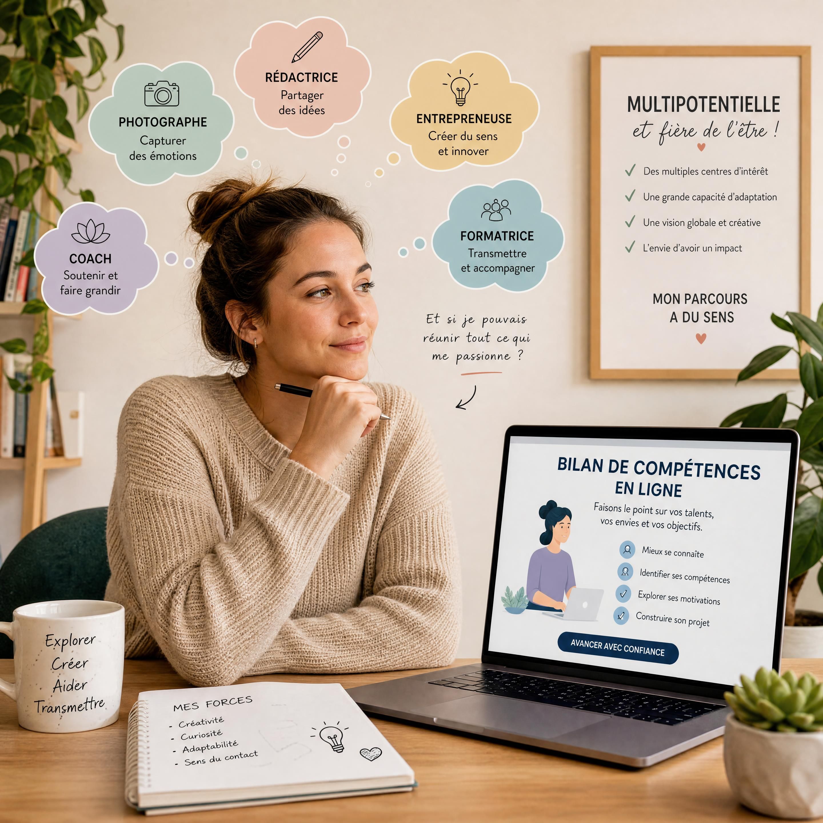 Personne multipotentielle réfléchissant sereinement à son avenir professionnel devant son ordinateur lors d'un bilan de compétences en ligne