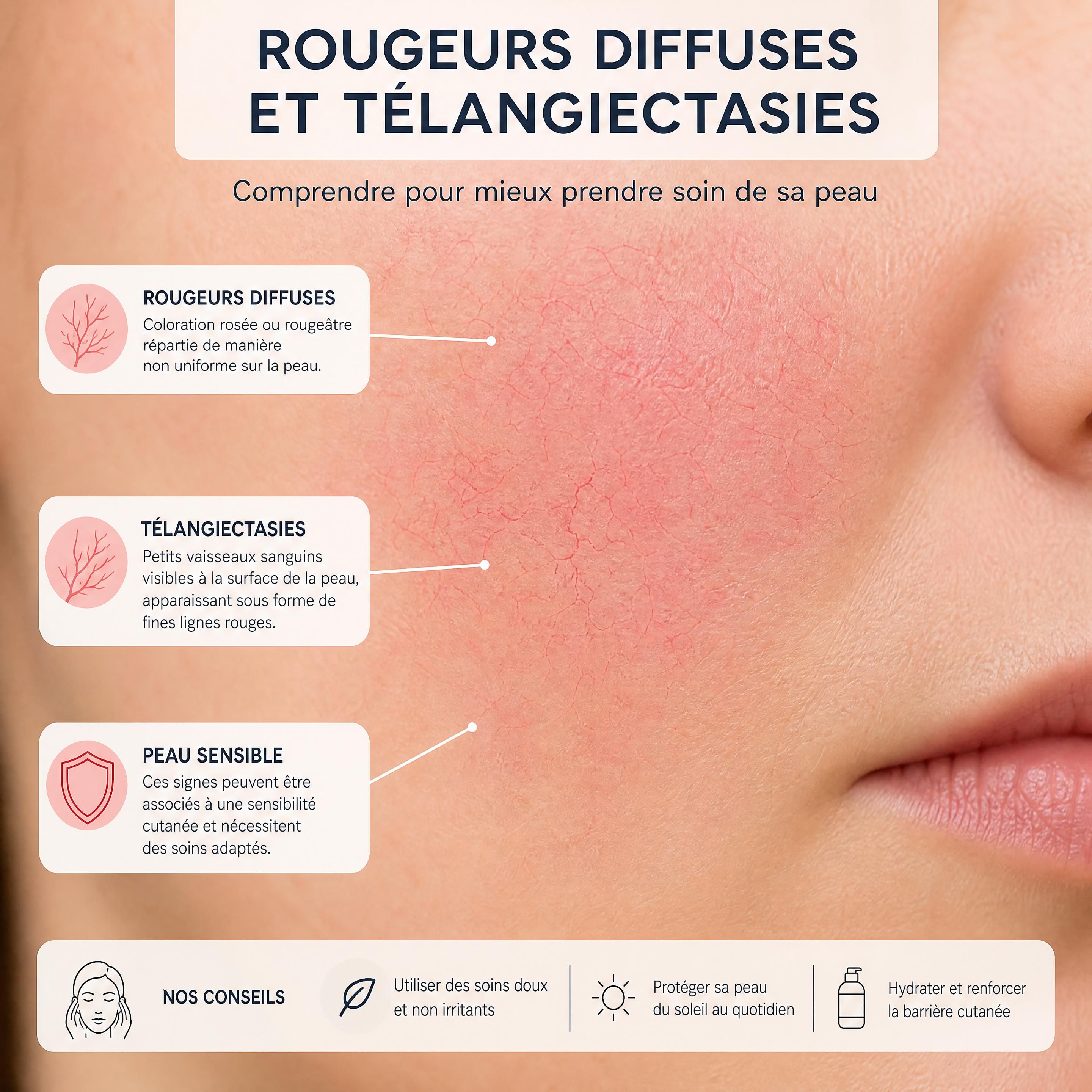 Gros plan sur une peau présentant des rougeurs diffuses et des télangiectasies