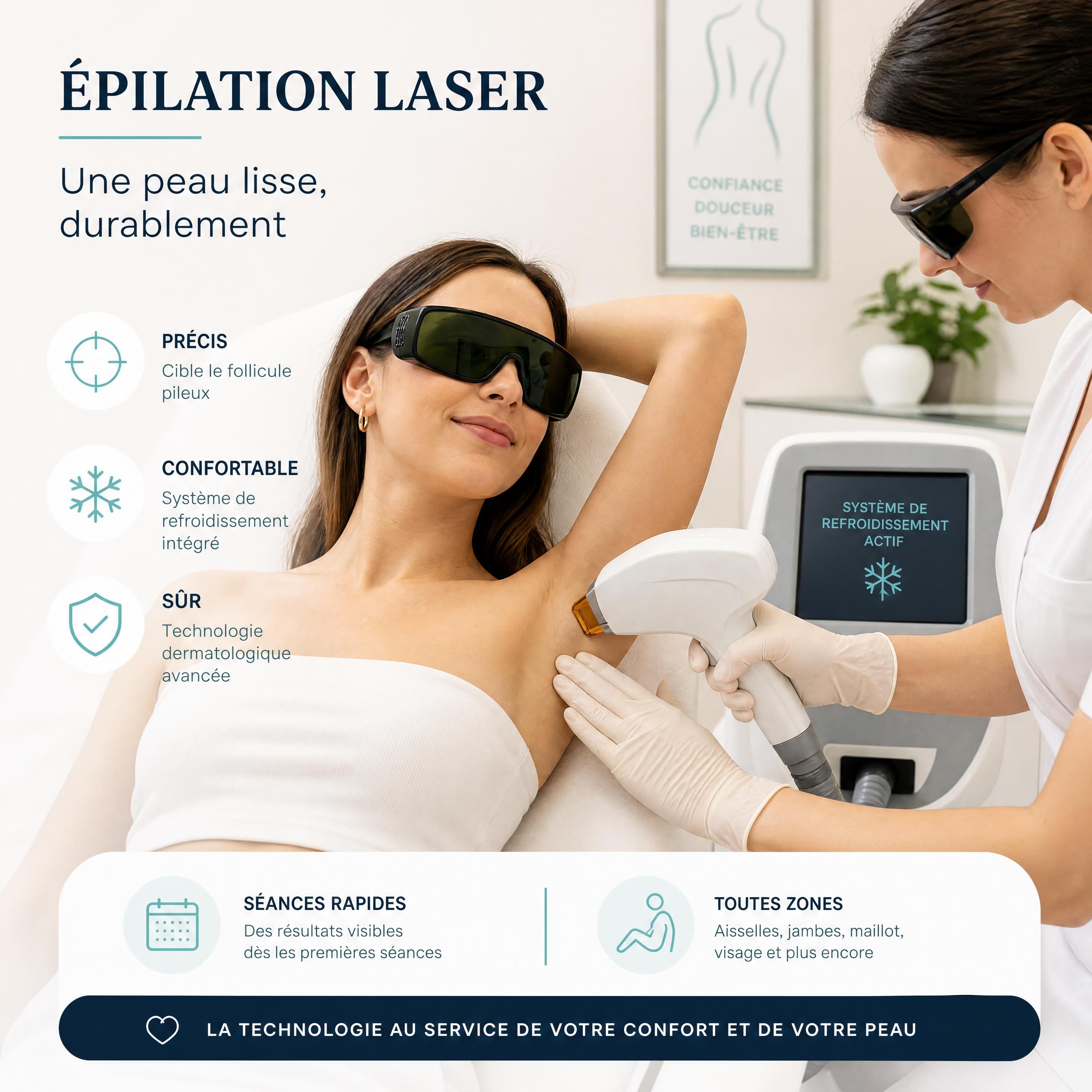 Patient(e) en séance de laser avec lunettes de protection et appareil de refroidissement
