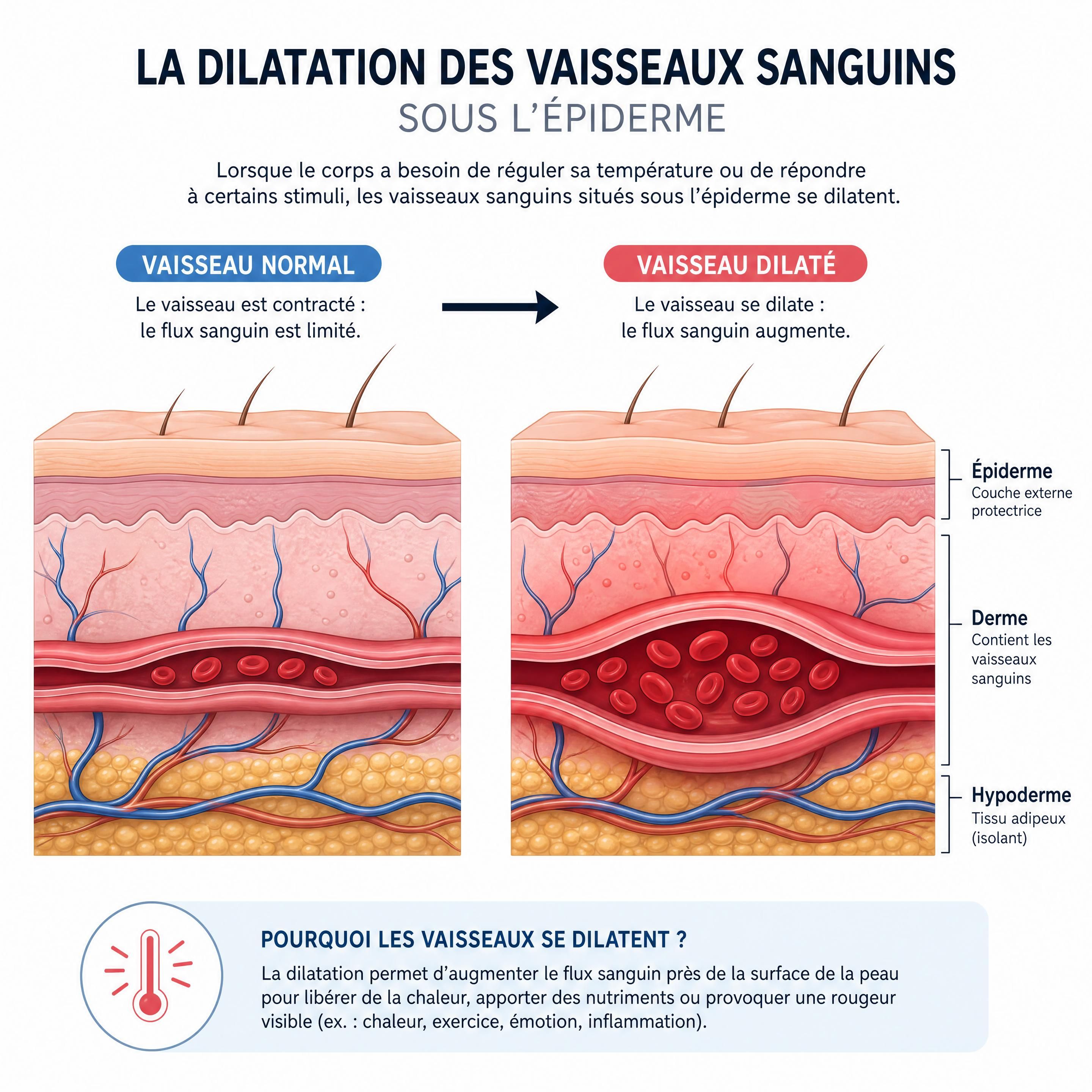 Schéma explicatif montrant la dilatation des vaisseaux sanguins sous l'épiderme