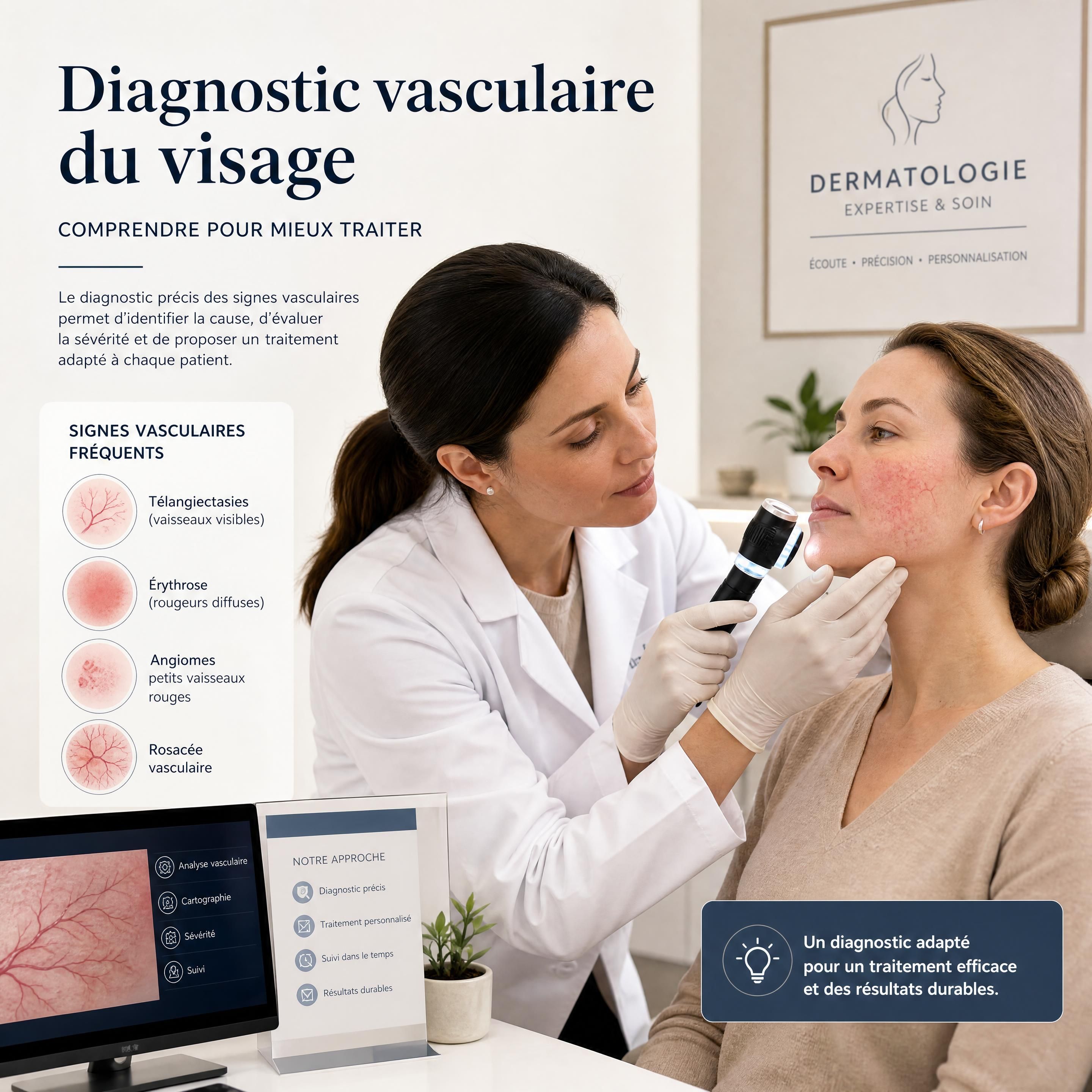 Illustration montrant une consultation dermatologique focalisée sur le diagnostic vasculaire du visage