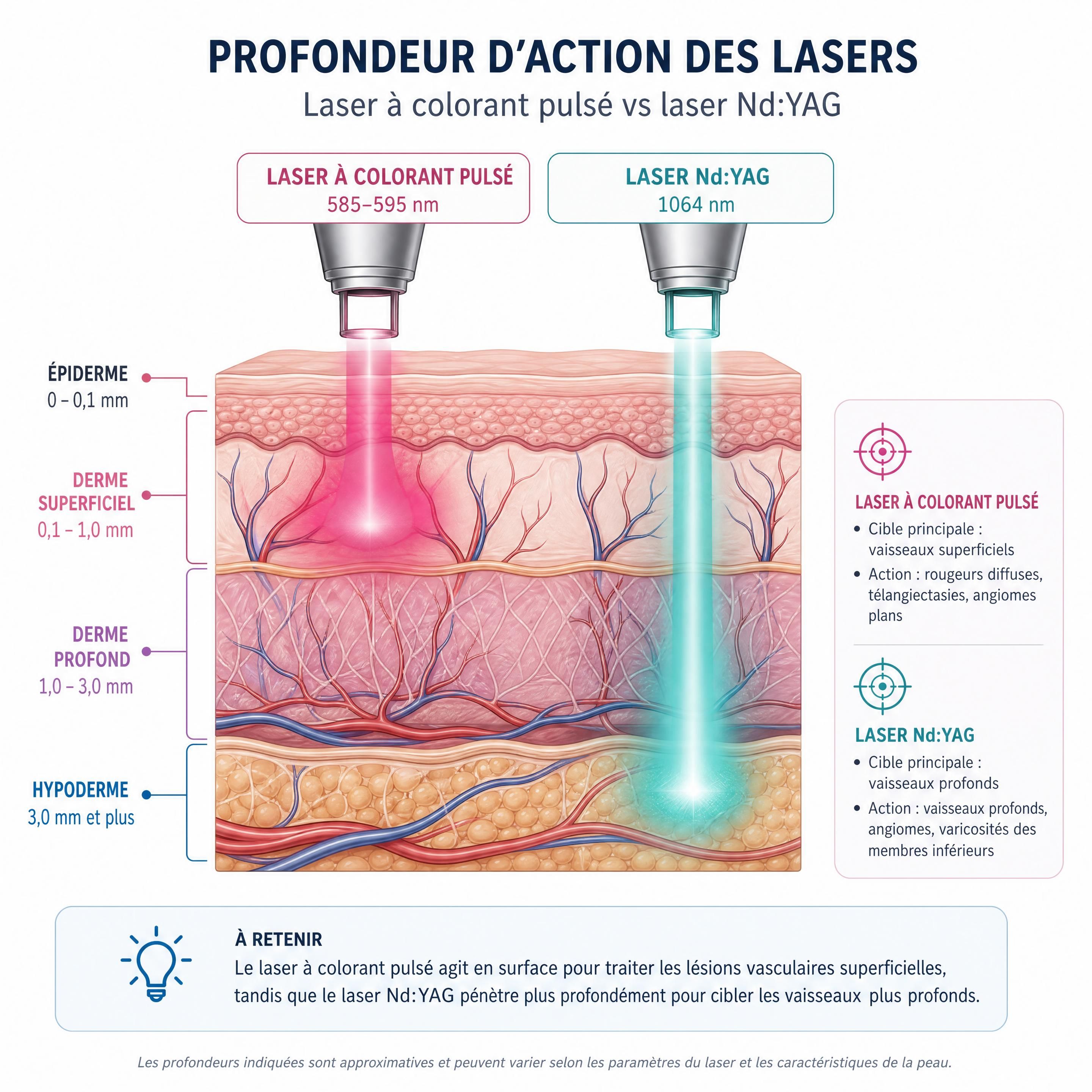 Schéma illustrant la profondeur d'action du laser à colorant pulsé vs laser Nd:YAG