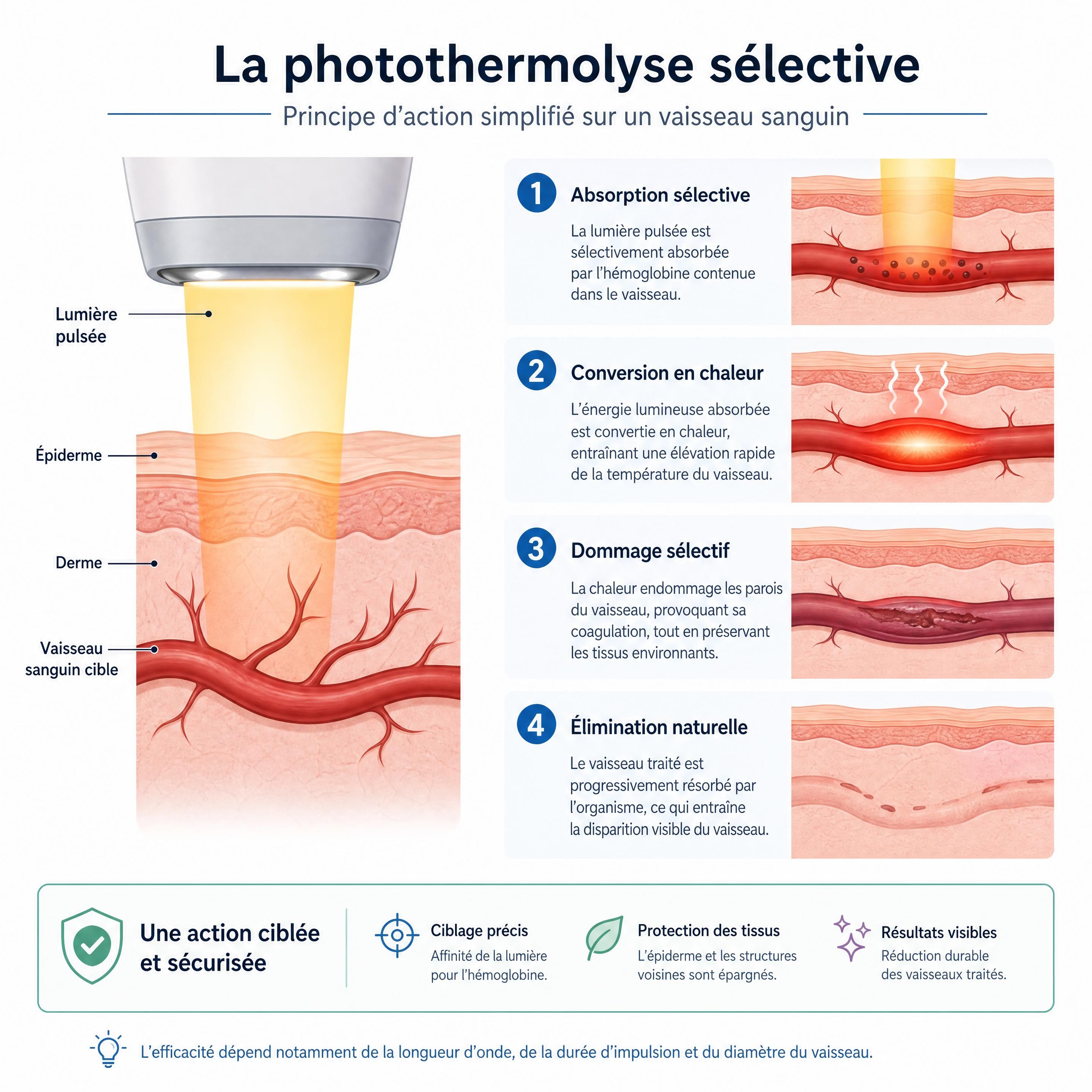 Schéma explicatif simplifié du principe de photothermolyse sélective sur un vaisseau sanguin