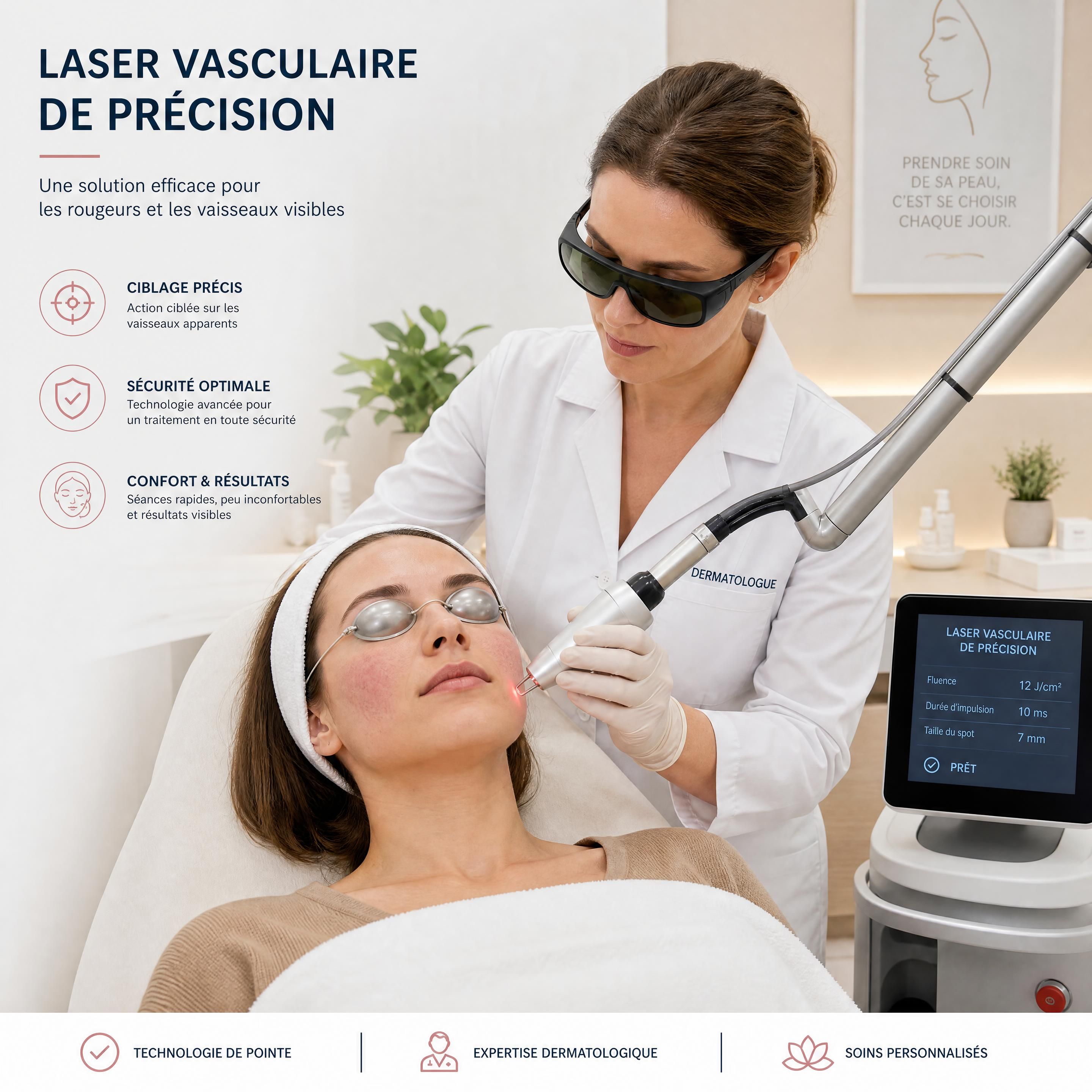 Un dermatologue utilisant un laser vasculaire de précision sur une patiente dans un cabinet moderne