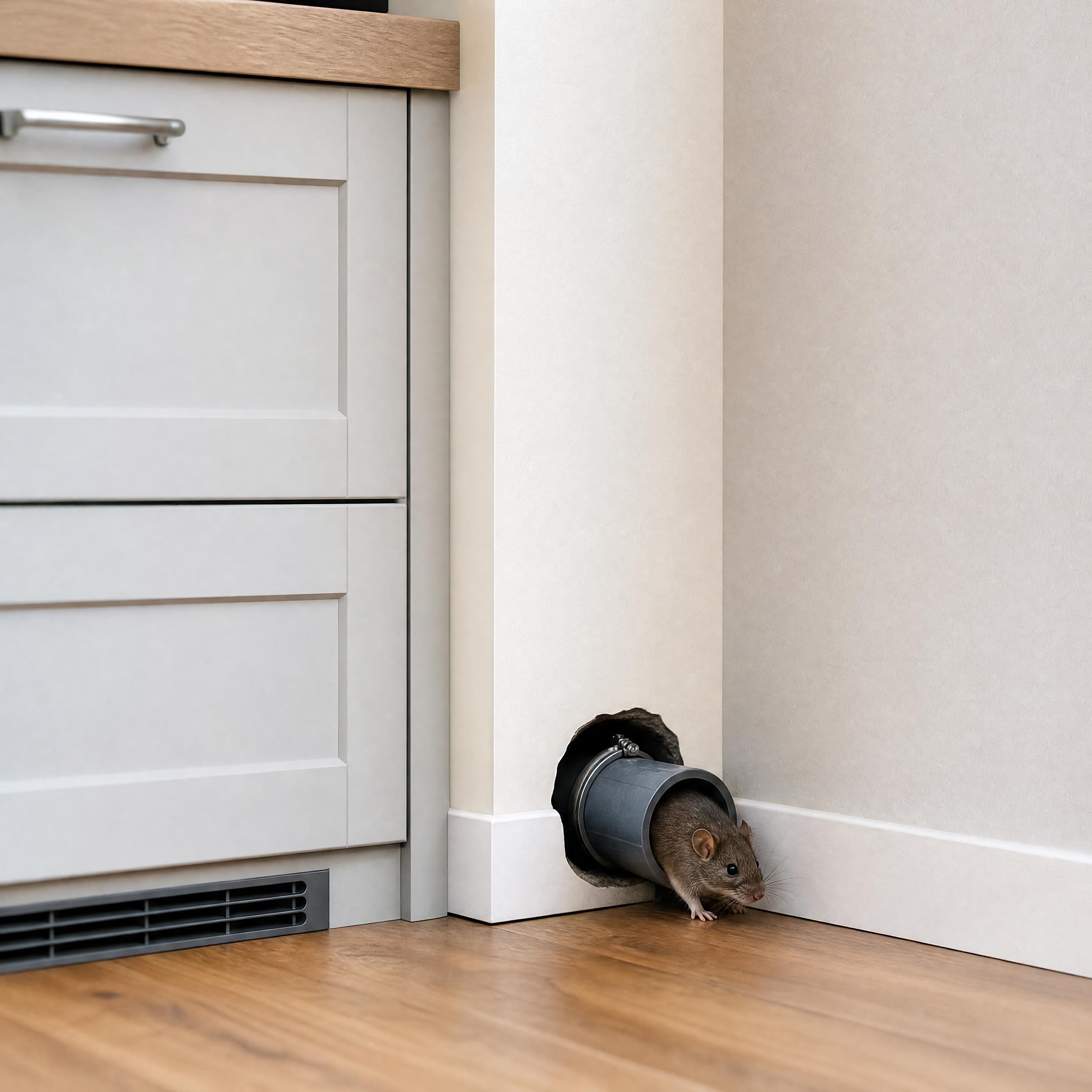 Vue réaliste d’un passage de souris autour d’une canalisation dans une cuisine d’habitation à Annecy, cloison et plinthe visibles, style photographique, sans personne ni texte