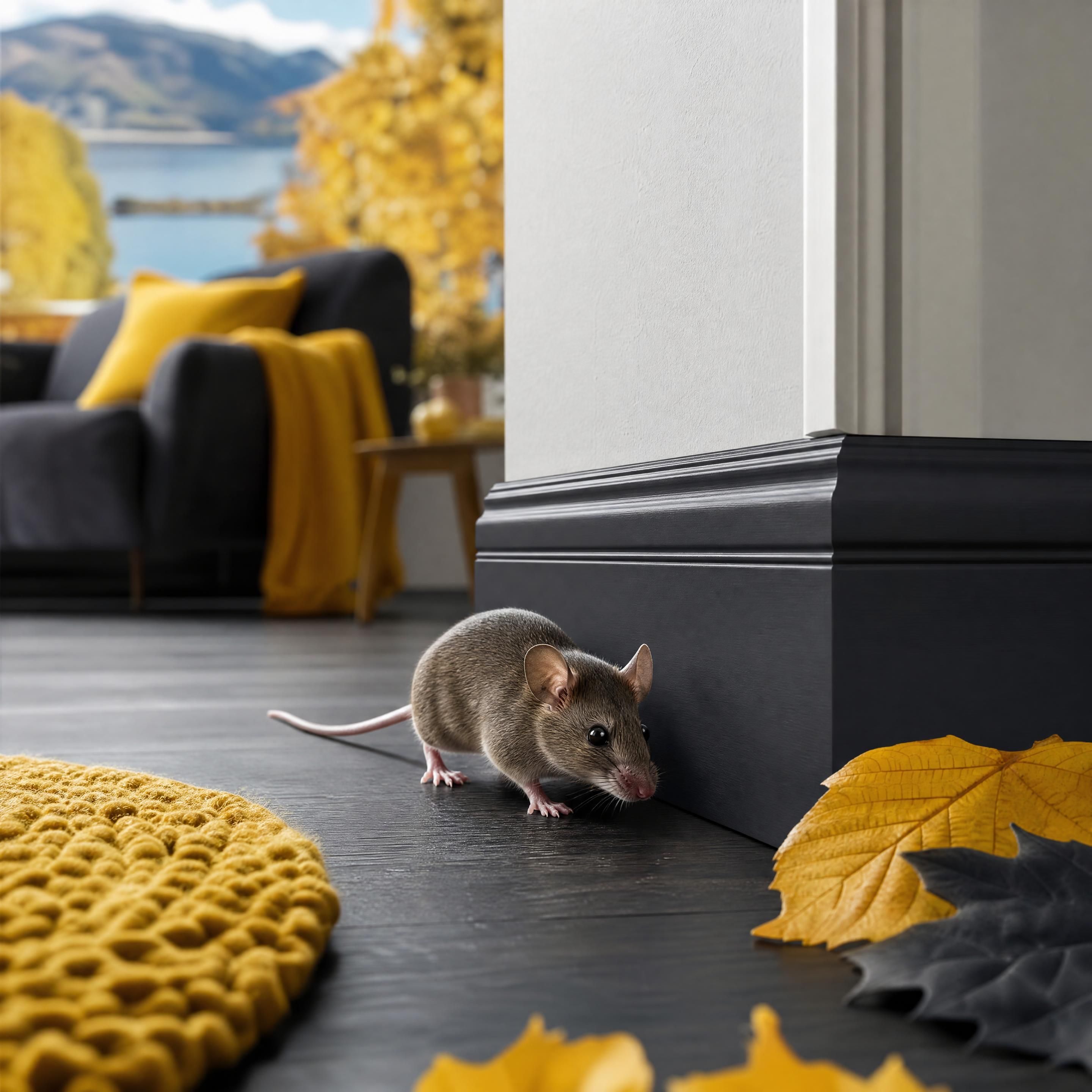 Souris réaliste circulant près d’une plinthe et d’une cloison intérieure dans une maison à Annecy, ambiance automnale, couleurs noir anthracite jaune et blanc, sans personne ni texte