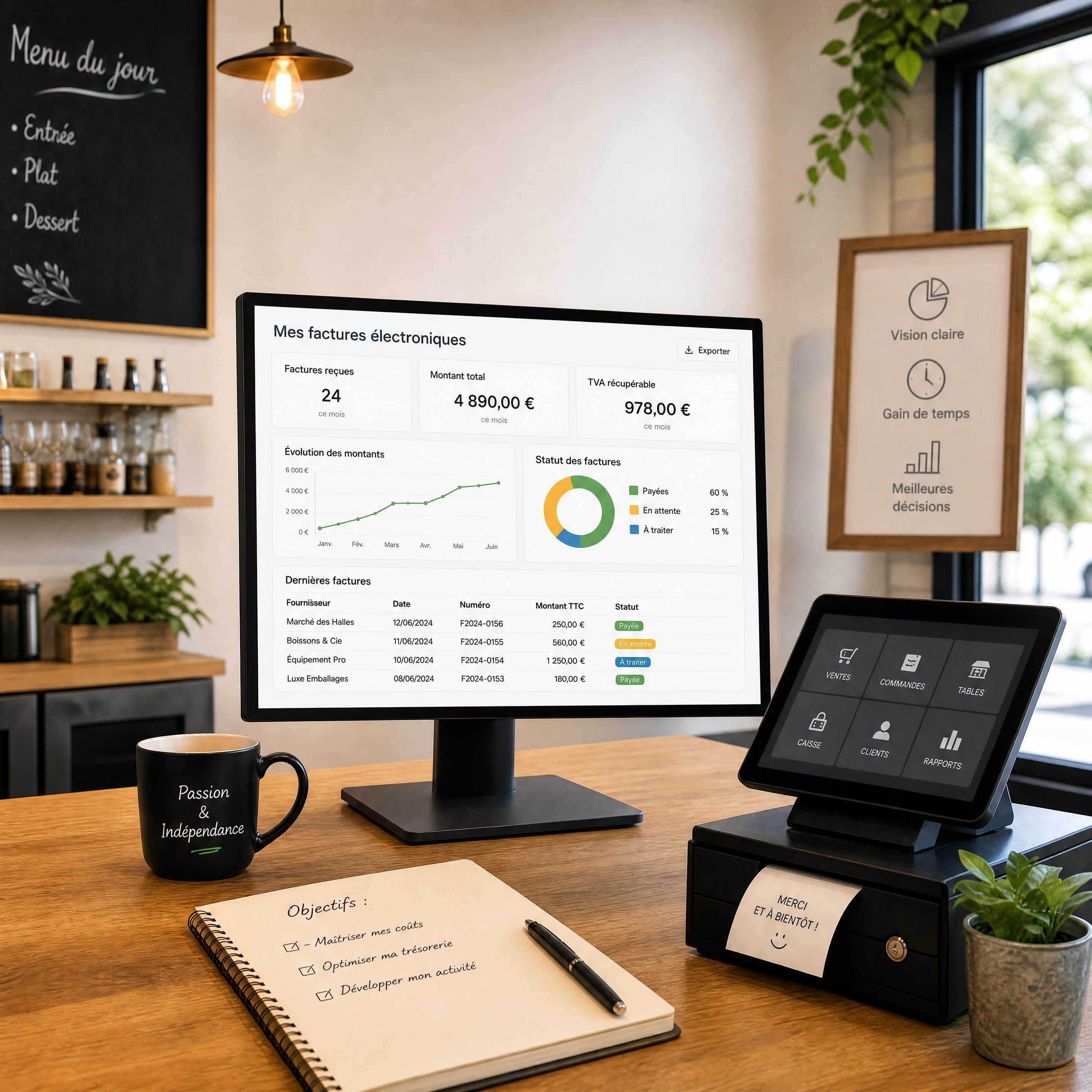 Un restaurateur devant son écran d'ordinateur et sa caisse enregistreuse moderne analysant ses factures électroniques, symbole de l'indépendance de gestion