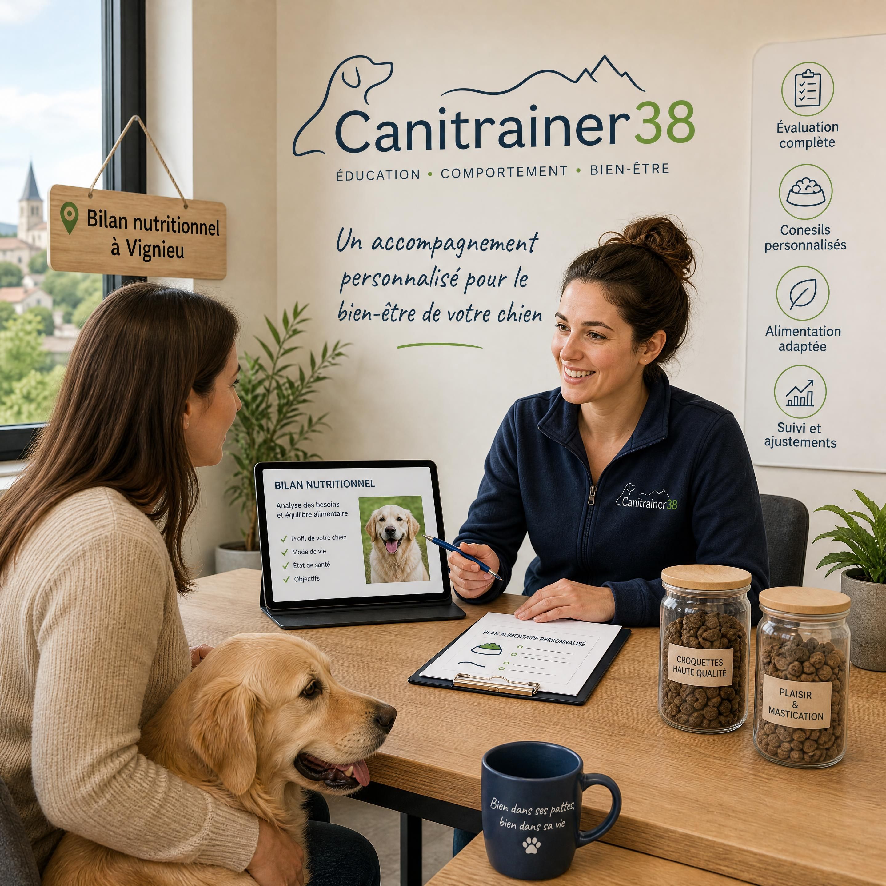 Échange personnalisé entre un conseiller Canitrainer38 et un propriétaire de chien lors d’un bilan nutritionnel à Vignieu