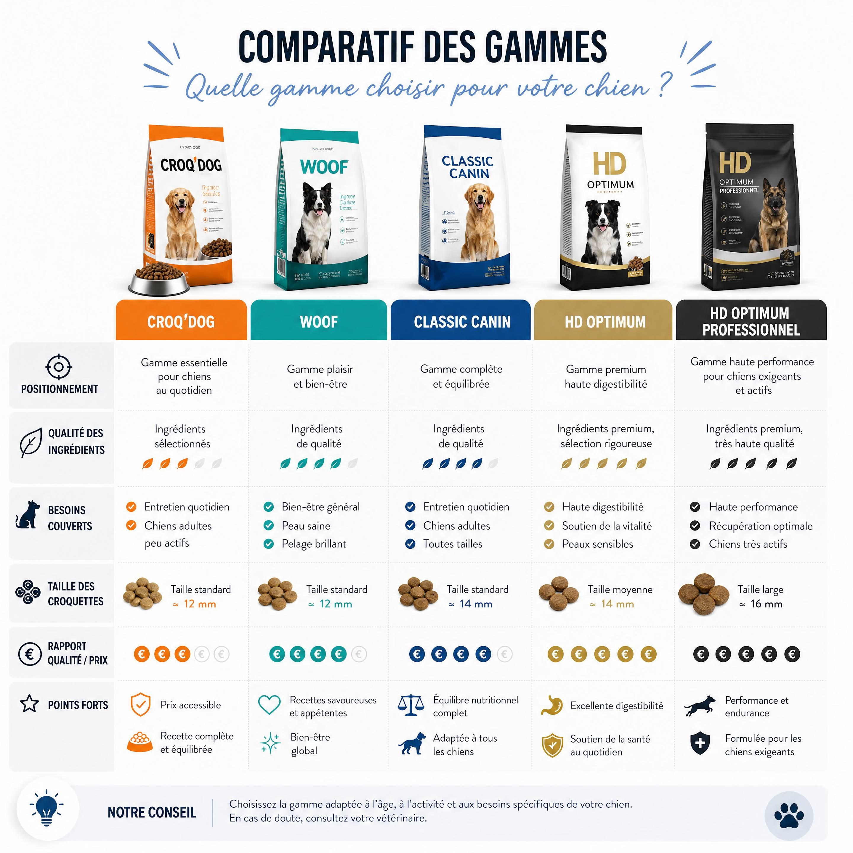 Comparatif visuel des gammes CROQ’DOG, WOOF, Classic Canin, HD Optimum et HD Optimum Professionnel