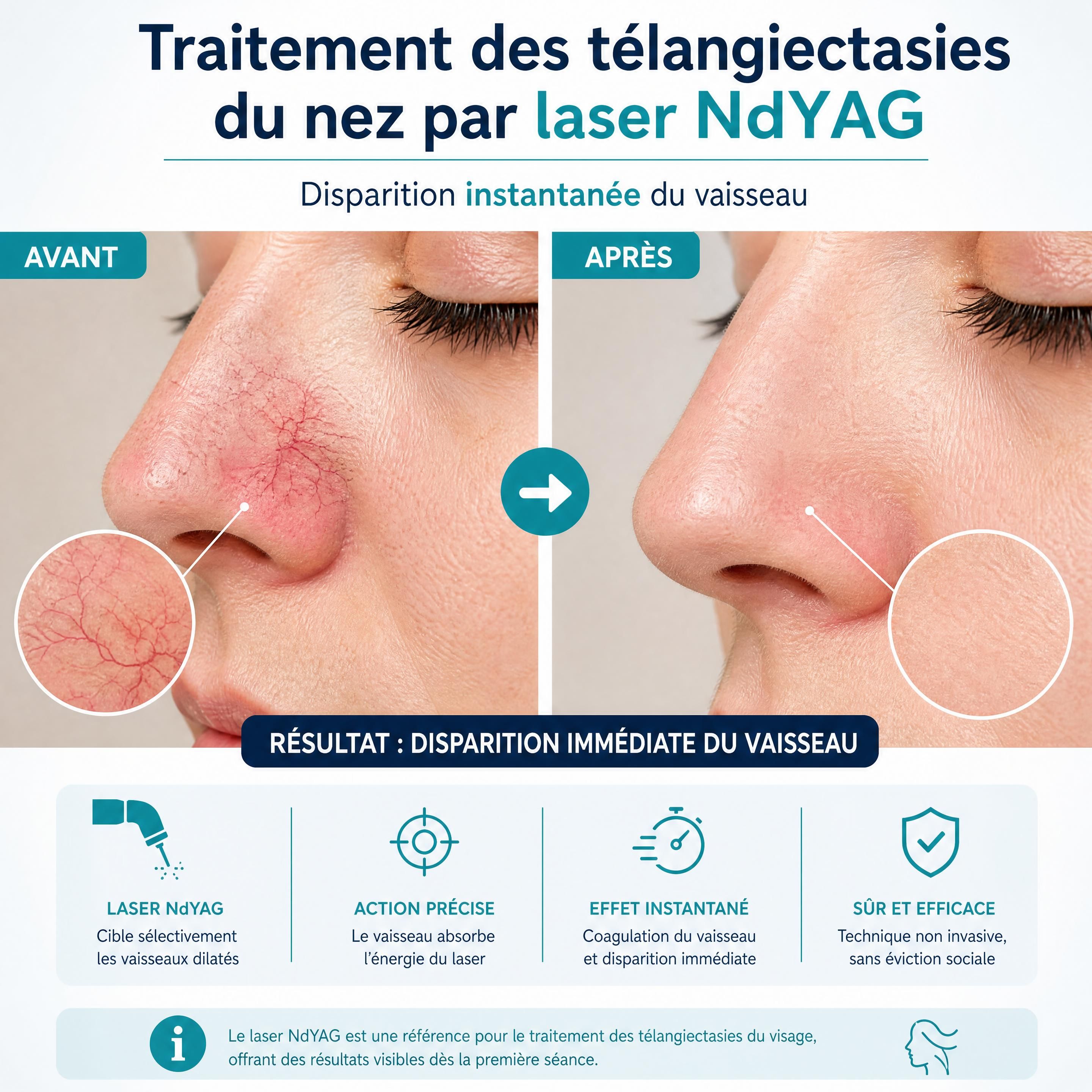Traitement des télangiectasies du nez par laser NdYAG montrant la disparition instantanée du vaisseau