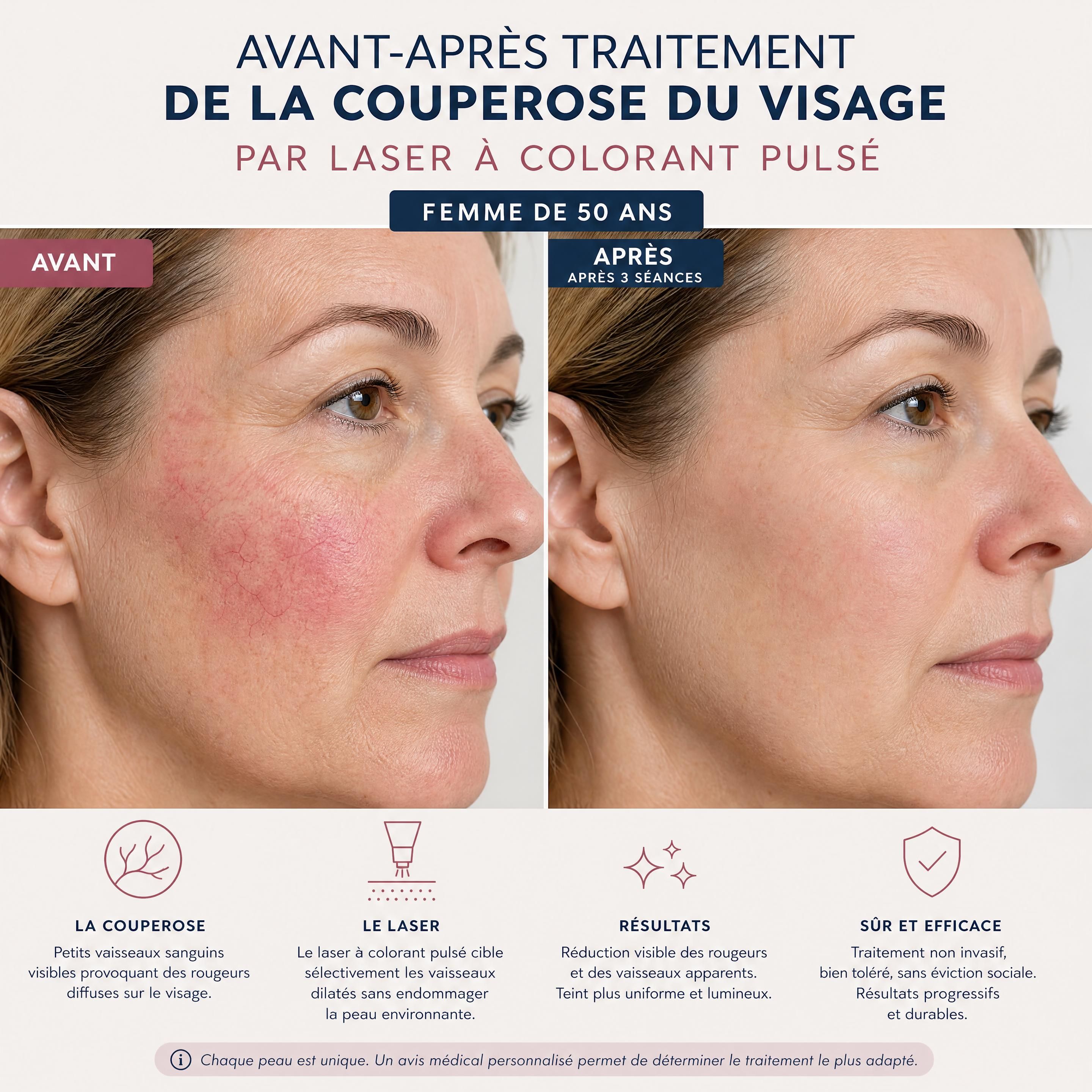 Avant-après traitement de la couperose du visage par laser à colorant pulsé chez une femme de 50 ans