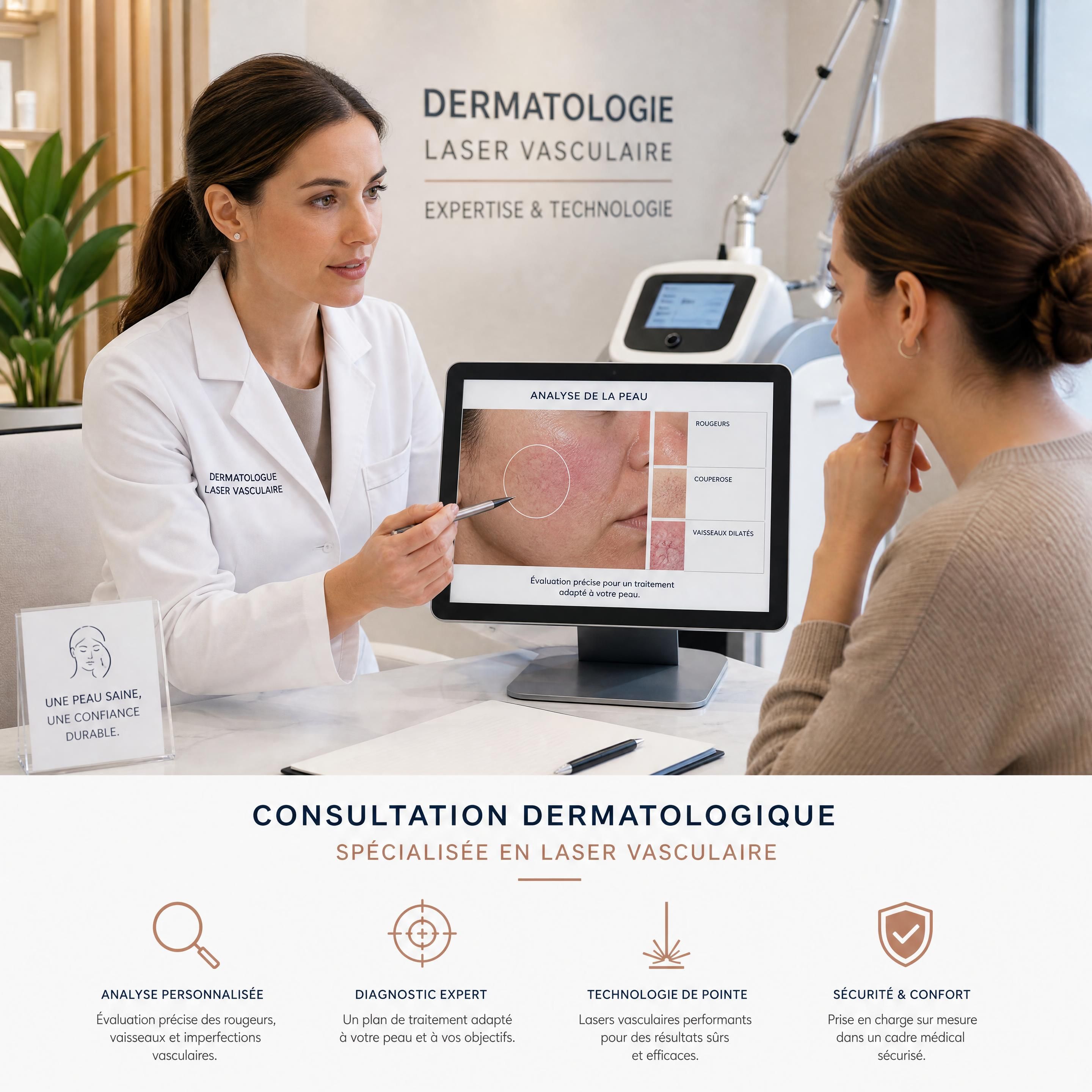 Consultation médicale chez un dermatologue spécialisé en laser vasculaire pour analyser la peau